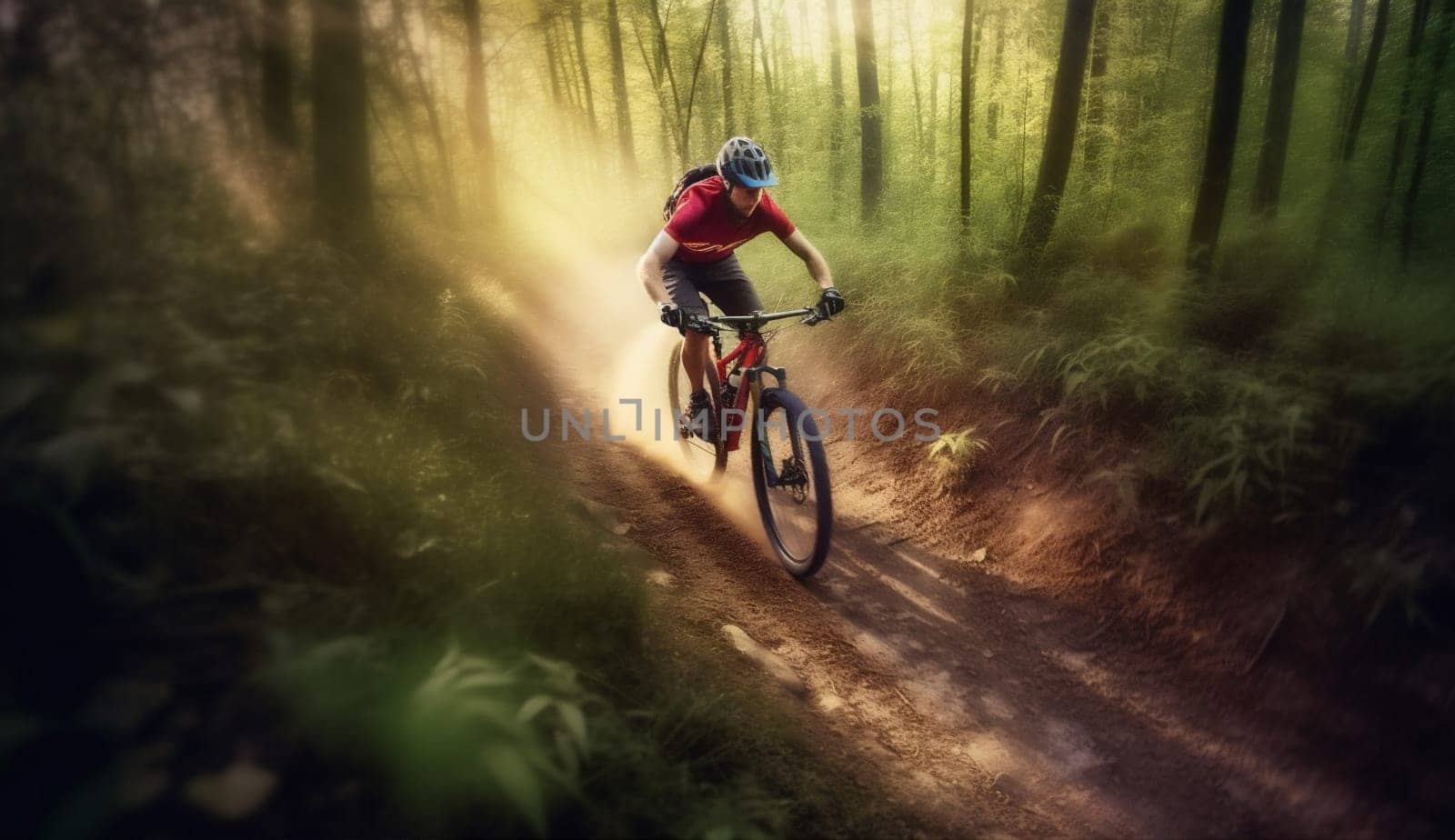 summer woman dark bike sport sunset forest cycling helmet bicycle walking. Generative AI. by Vichizh