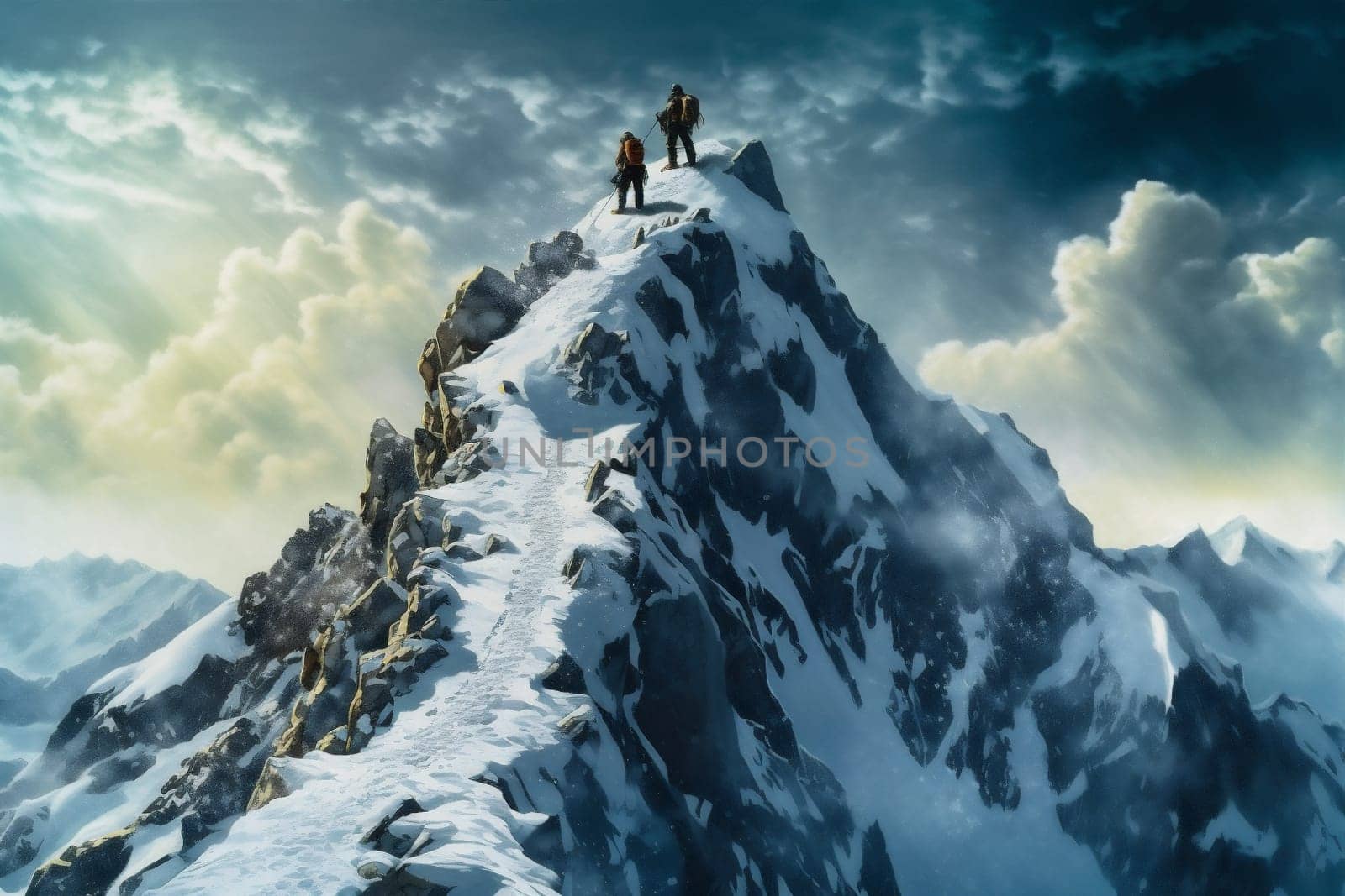 winter hiking snow adventure sport blizzard group landscape nature mountain. Generative AI. by Vichizh