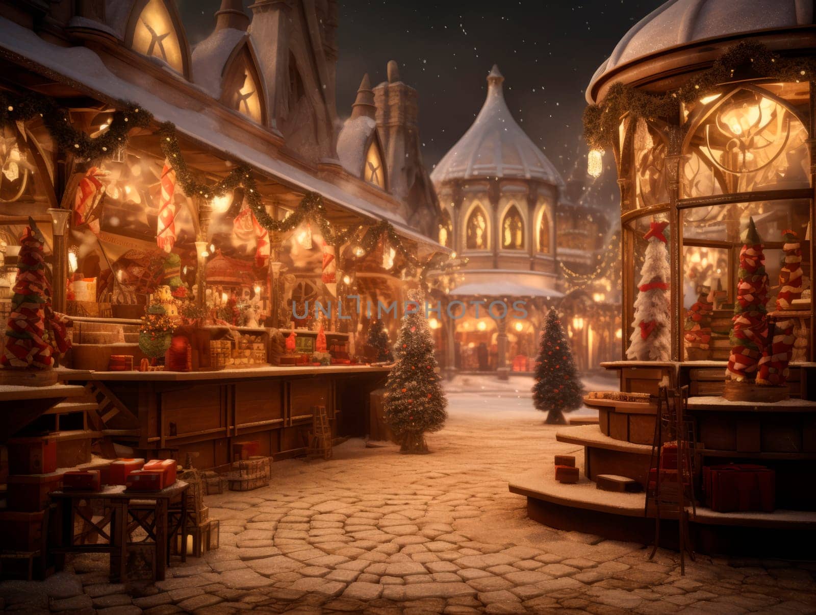 Christmas market in the evening, illuminated by lights. High quality illustration