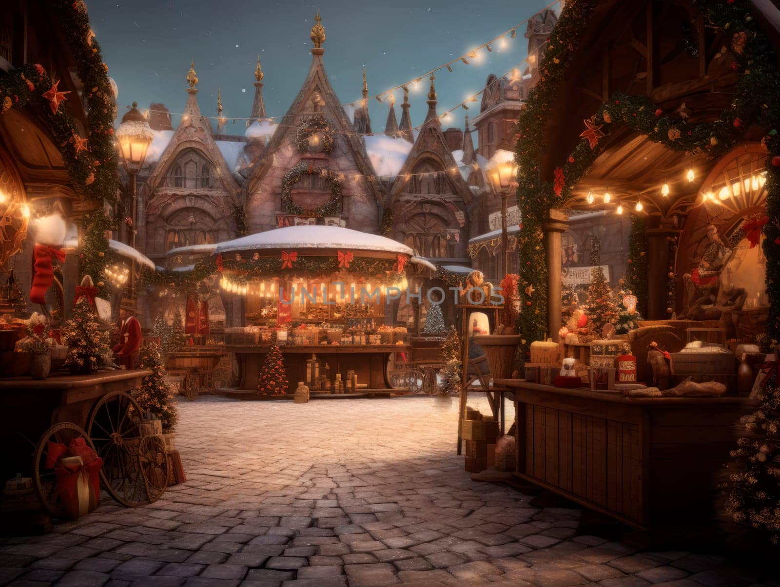 Christmas market in the evening, illuminated by lights by Spirina