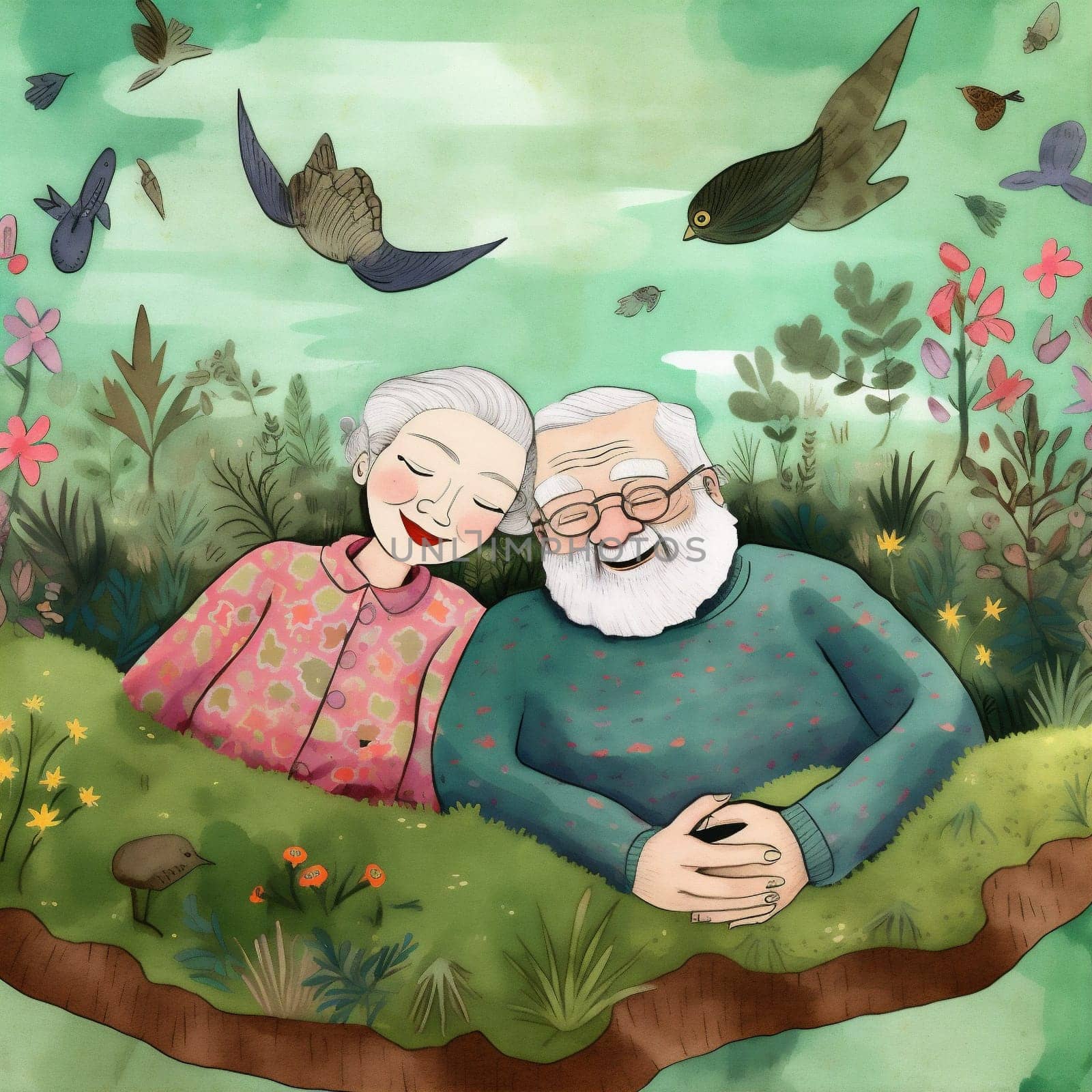 asleep woman man rest happy couple together bed love sleep old retired. Generative AI. by Vichizh