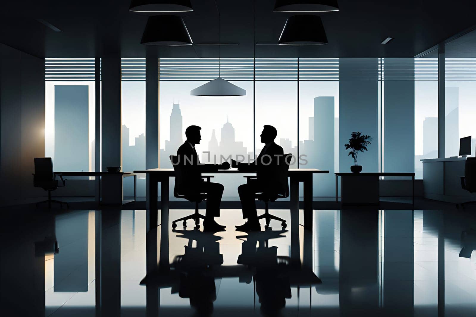 Silhouette of two businessmen sitting at the table in the office.Businessmen talking in modern office.