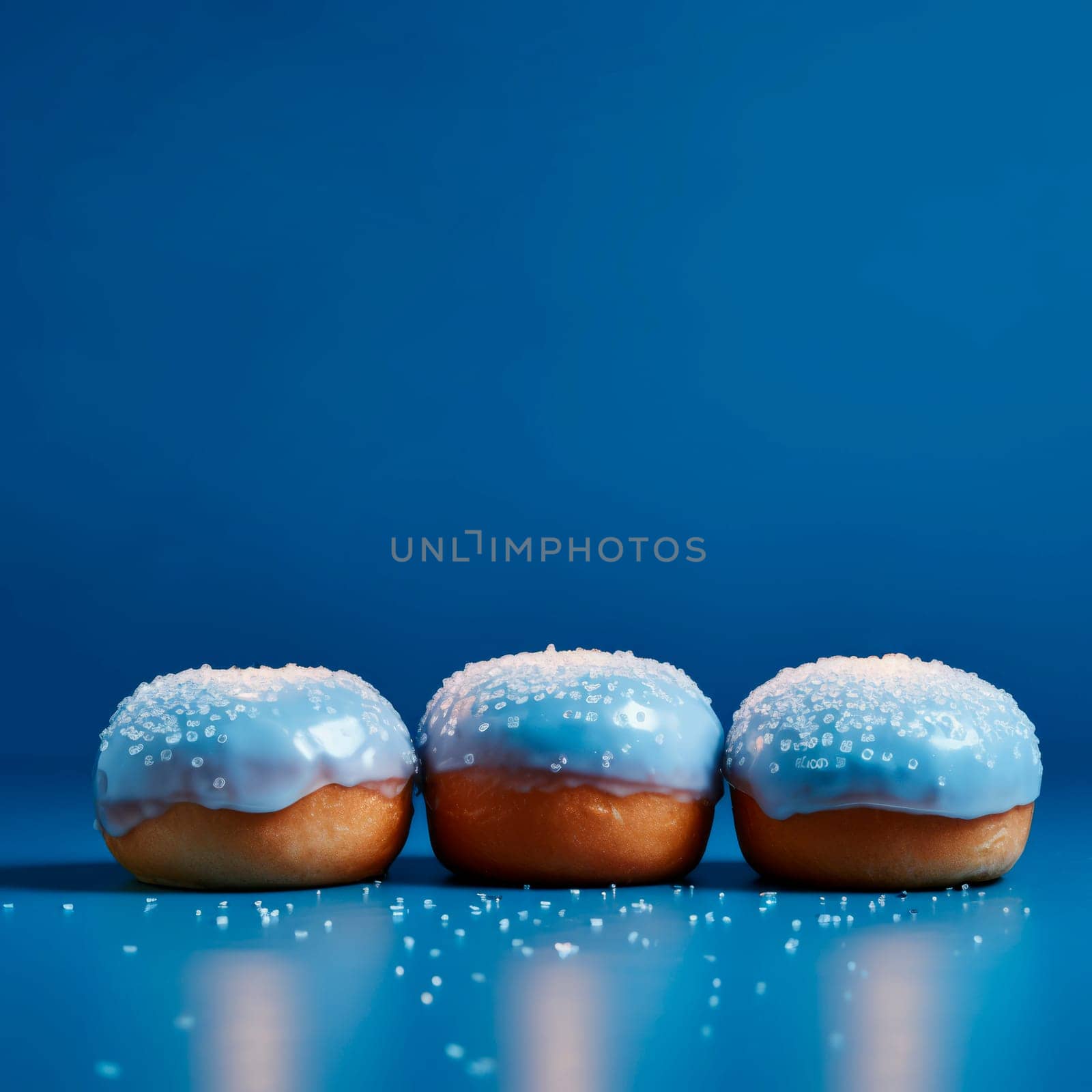 Hanukkah donuts with powdered sugar on a blue background. by Spirina