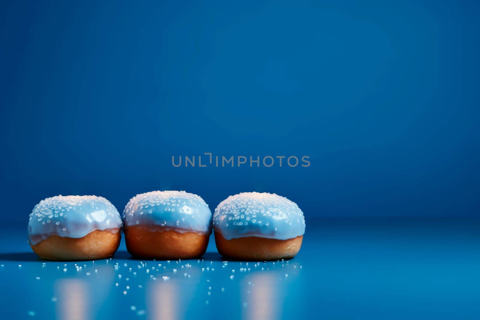 Hanukkah donuts with powdered sugar on a blue background. by Spirina