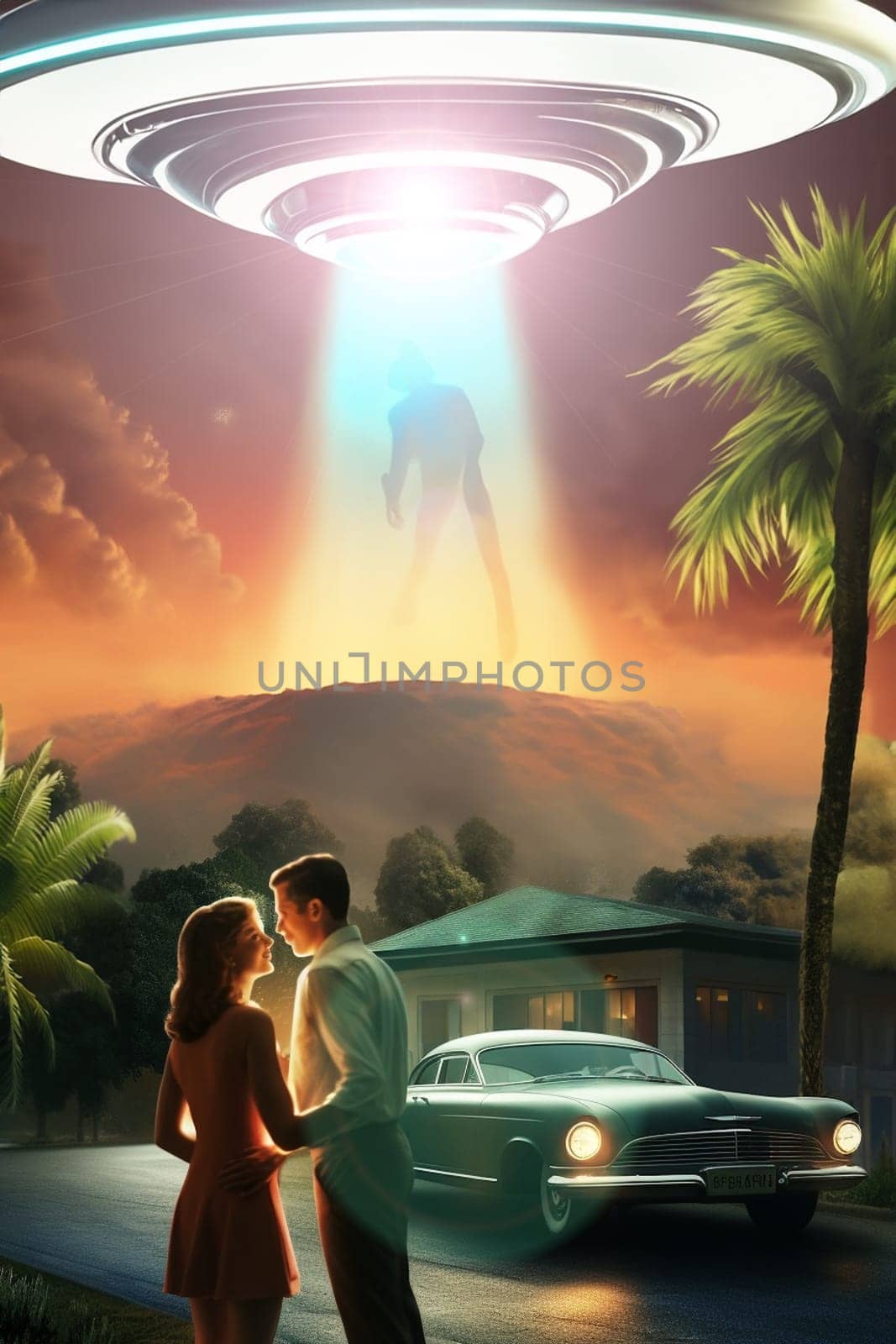 Science fiction poster, Couple and Ufo concept. Ai Generated by lucia_fox