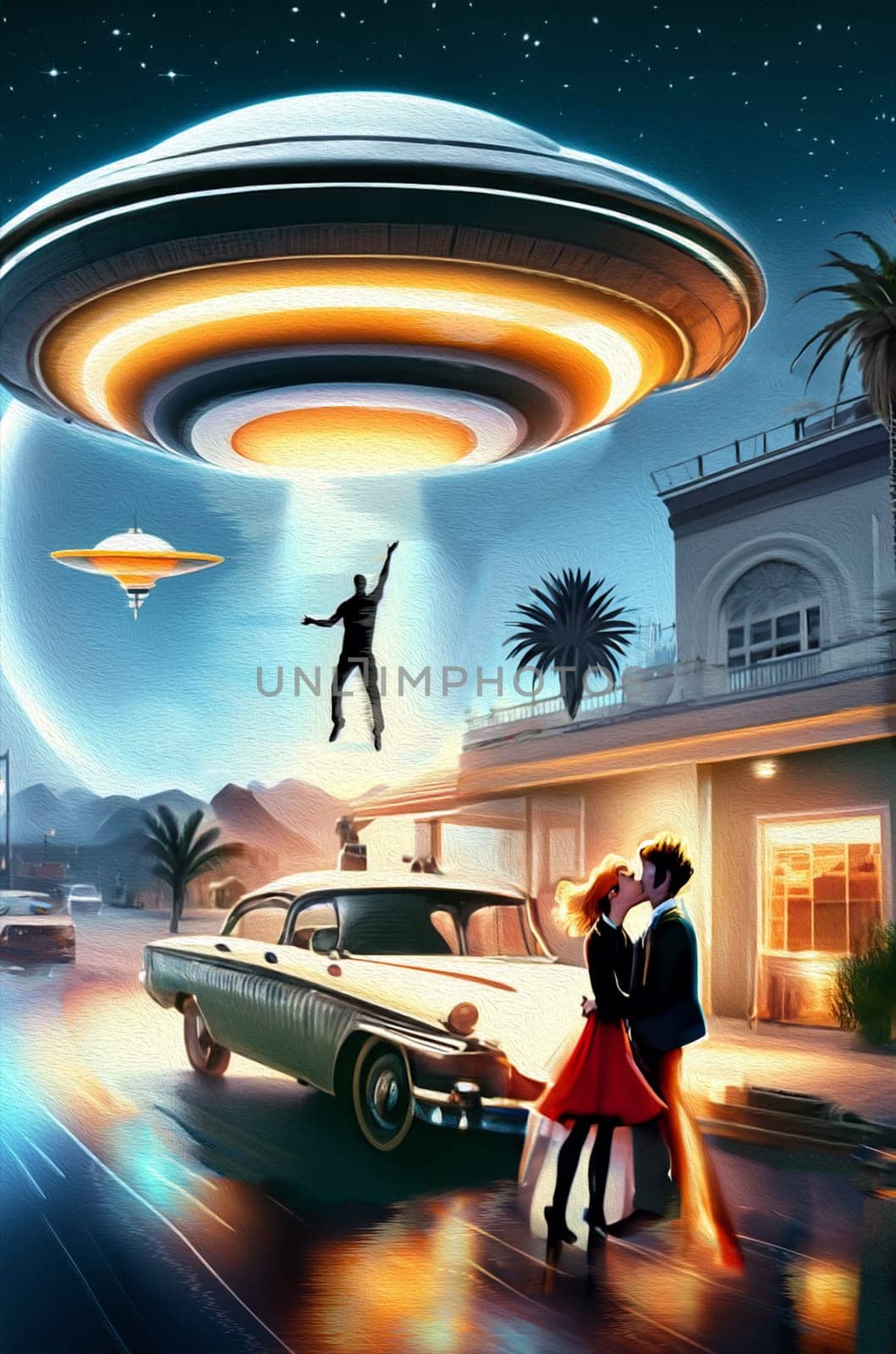 Science fiction poster, Couple and Ufo concept. Ai Generated.