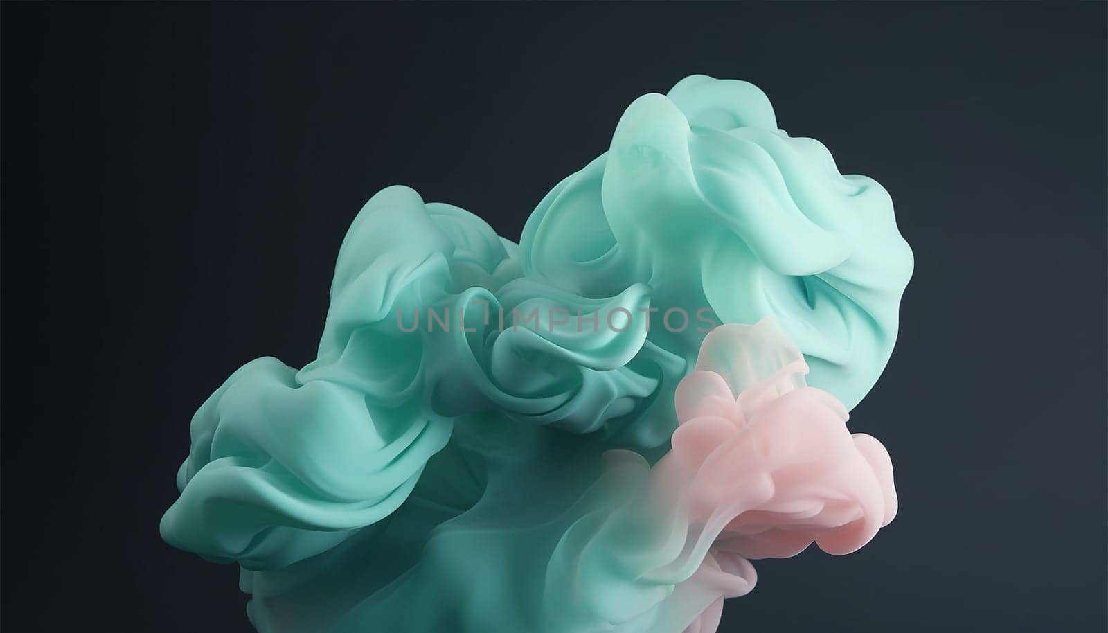 Realistic 3D smoke cloud pastel colored green and pink. 3d realistic clouds set isolated on a dark background. Render soft round cartoon fluffy clouds icon in the sky. 3d geometric shapes illustration Cute