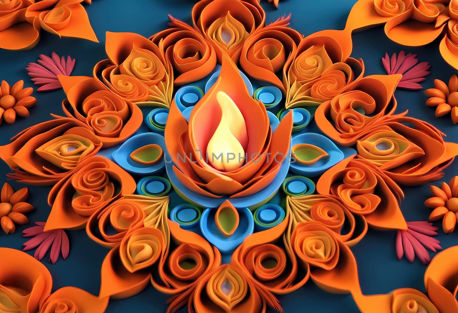 3D Abstract illustration in the style of Hindu faith. fire rituals pattern of flowers diversity of ideas on spirituality and traditions by rostik924
