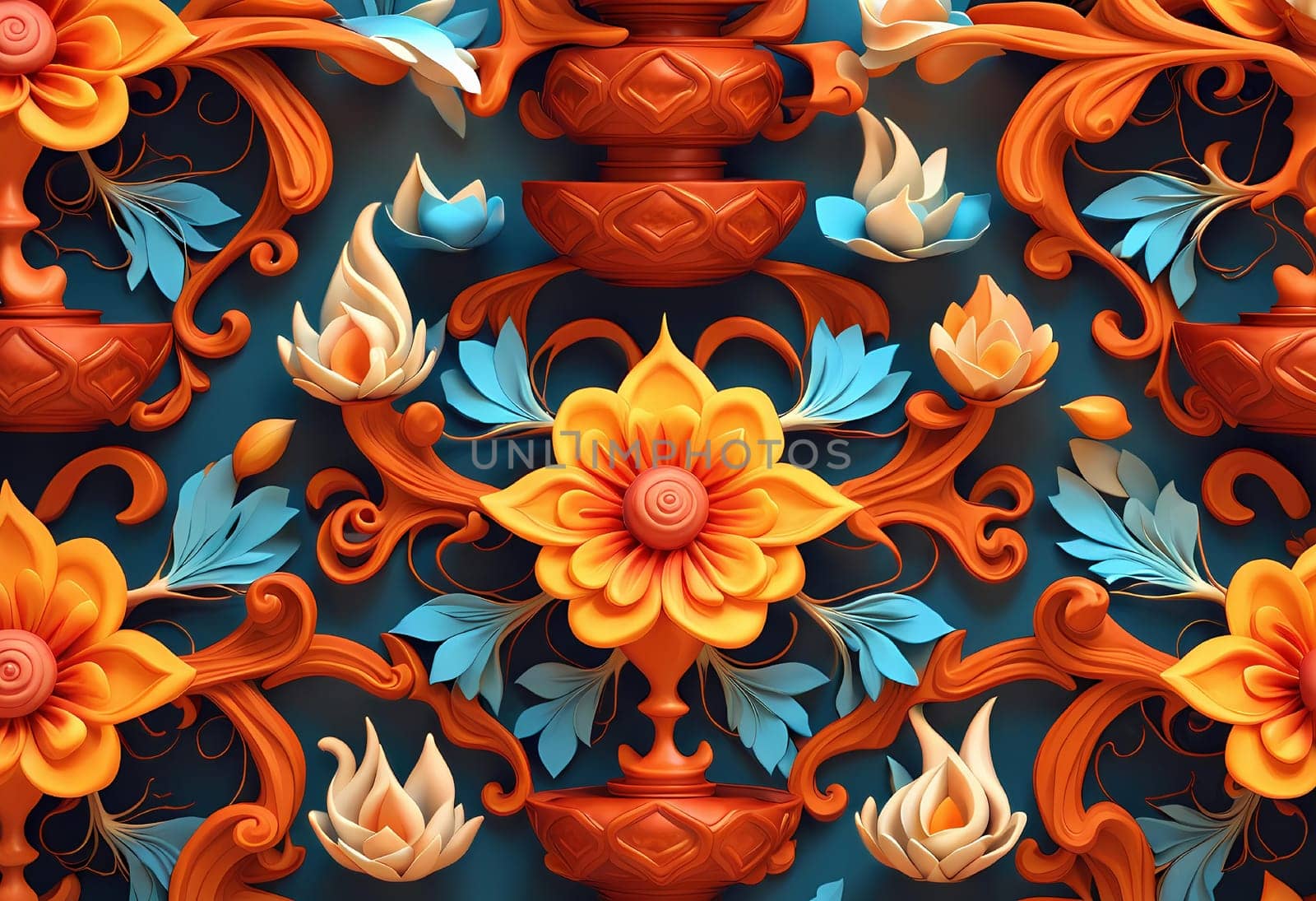 3D Abstract illustration in the style of Hindu faith. fire rituals pattern of flowers diversity of ideas on spirituality Generate AI