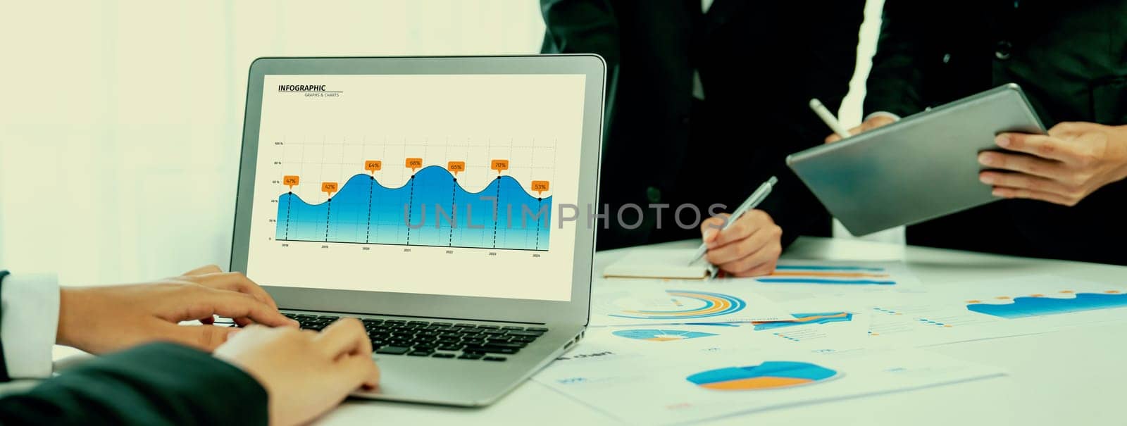 Business data dashboard analysis by computer software . Investment application display business sales and profit on the computer screen and advise marketing planning decision oratory .