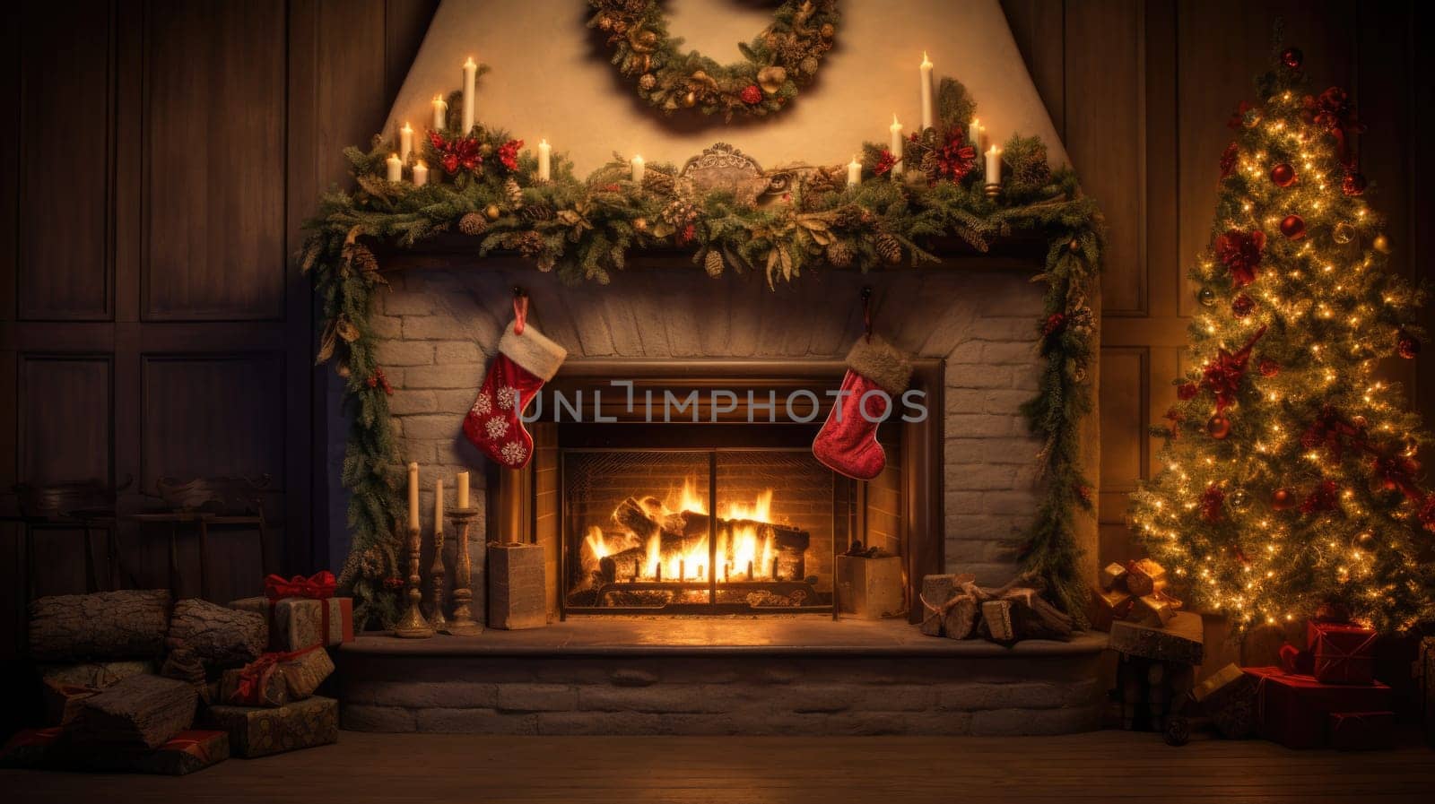 holiday fireplace with christmas tree xmas presents gift, ai