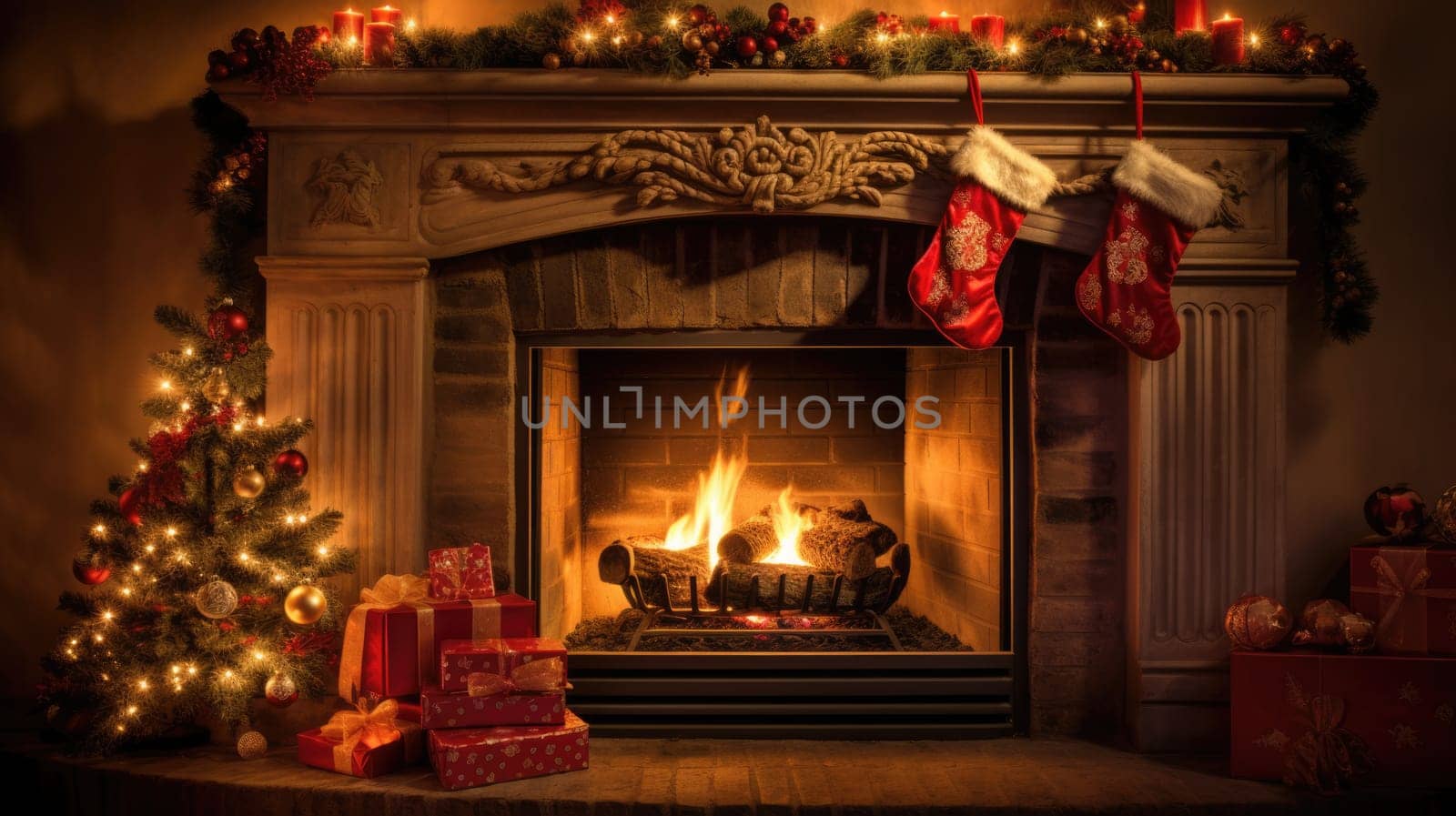 holiday fireplace with christmas tree xmas presents gift, ai