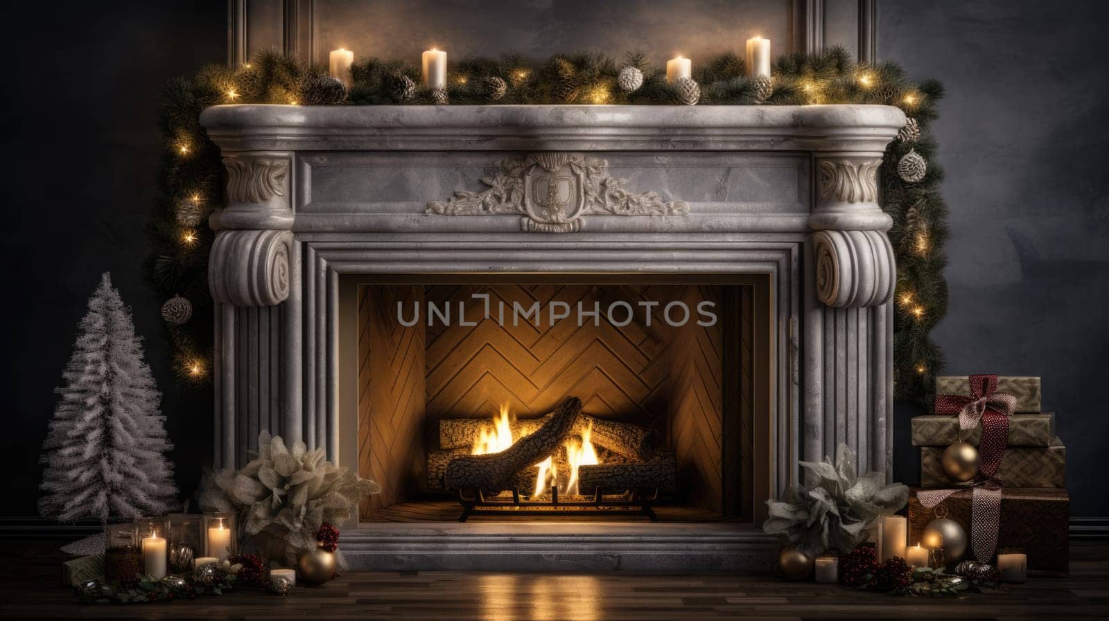 holiday fireplace with christmas tree xmas presents gift, ai