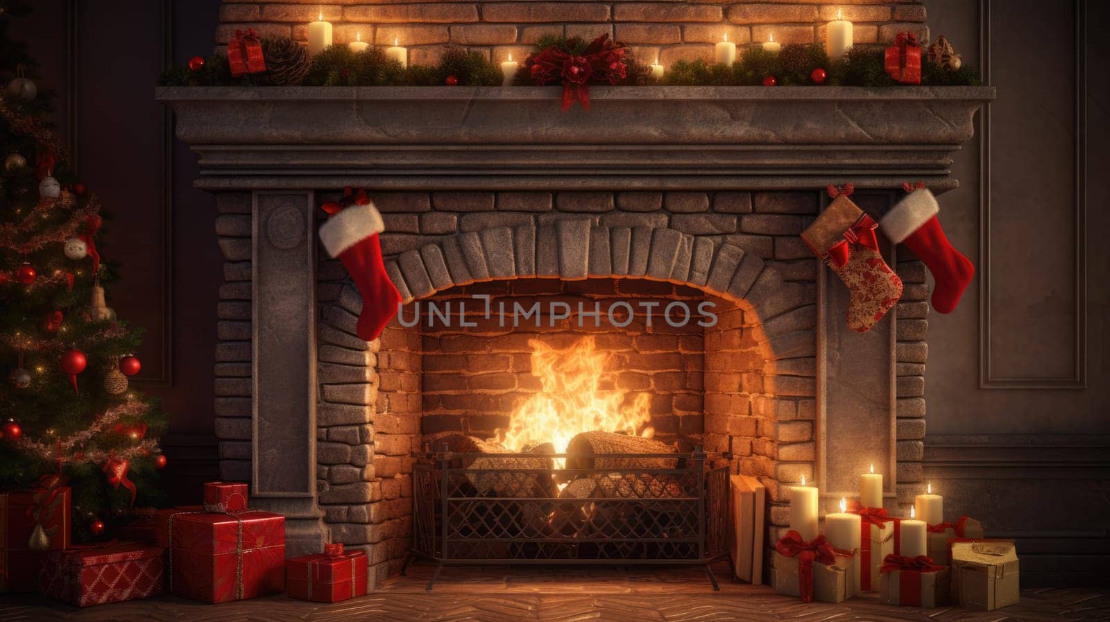 holiday fireplace with christmas tree xmas presents gift, ai