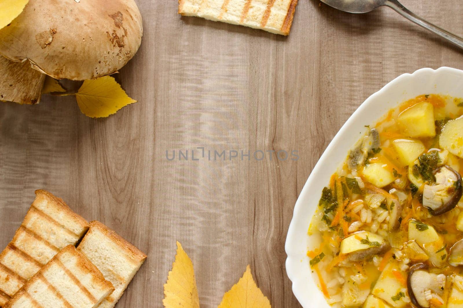 Mushroom soup in a white bowl on a beige background. High quality photo