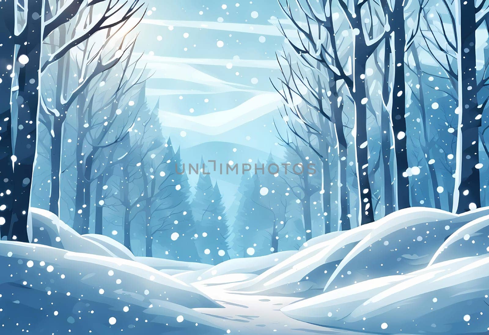 Background illustration for winter design. Holiday element in snowy frosty landscape. Snowfall in the winter forest. Anime style by rostik924