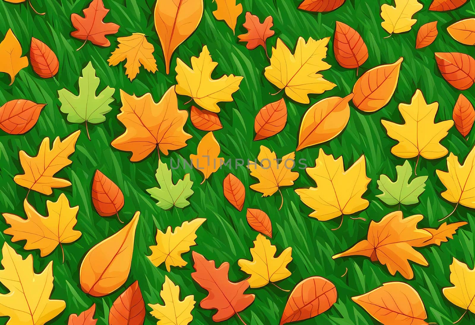 Illustration of colorful autumn leaves lying in green grass, Clear texture grass pattern background. View the autumn leaves in the grass in the park. Distinct texture of grass and leaves. Anime style Generate AI
