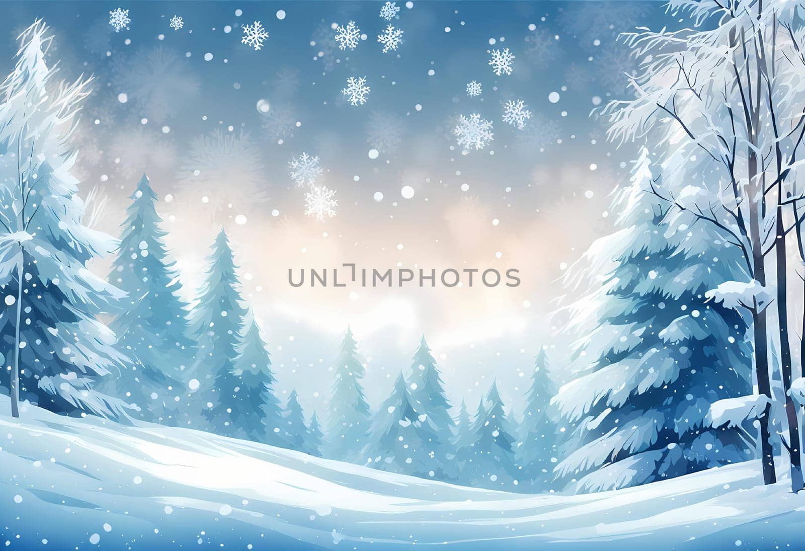 Illustration Winter background of snowy forest. Fir trees covered with snow on a frosty morning. Beautiful winter. Winter background with snowflakes. Anime style. Generate AI