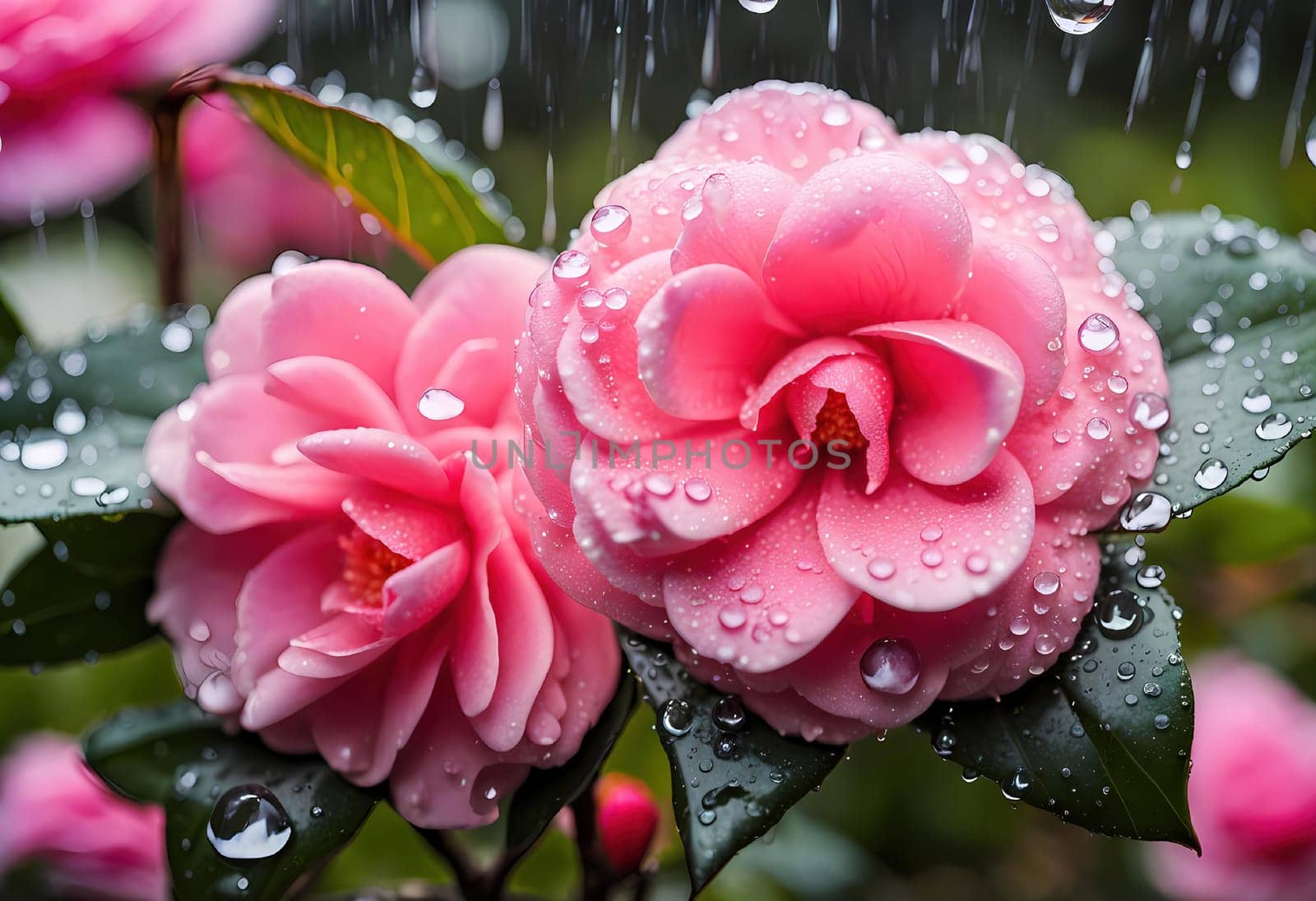 Pink camellia in the garden after the rain. Delicate flower with drops of water on the petals. Great depth of field. Generate AI
