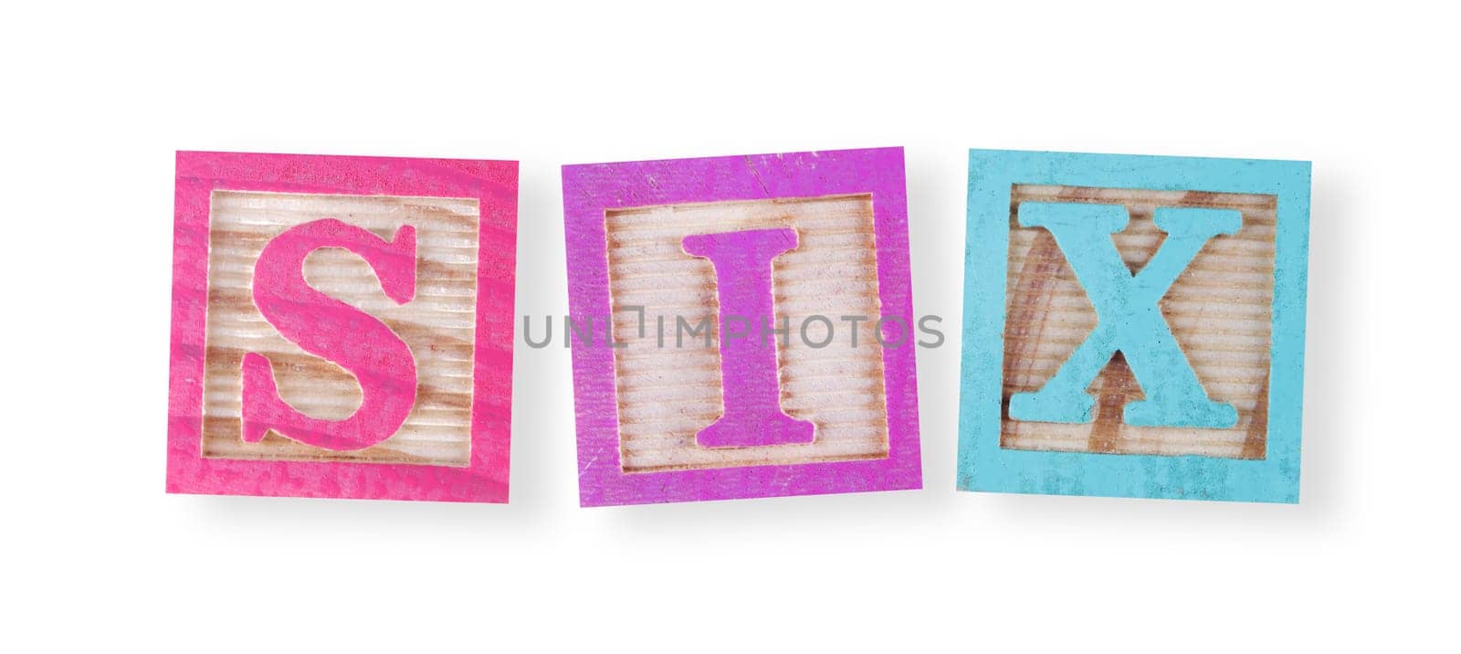 A Six concept with childs wood blocks on white with clipping path to remove shadow