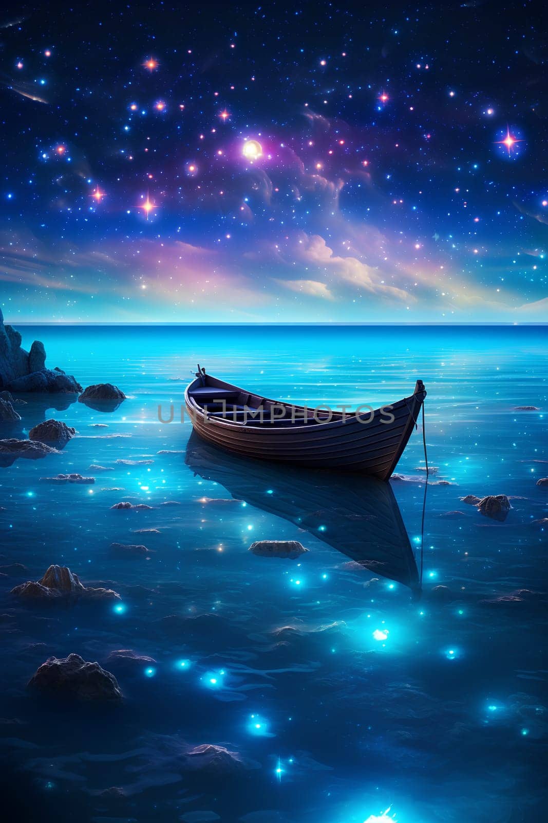 A magical silhouette of a boat cuts across the sparkle of starlit water - AI generative