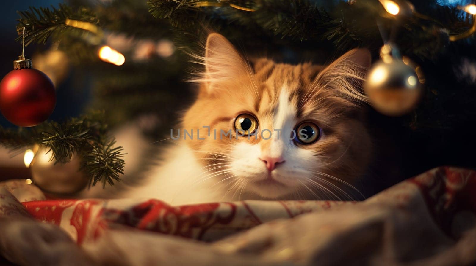 A curious kitten peeks out from behind a Christmas ornament - Xmas concept - Generative AI by chrisroll