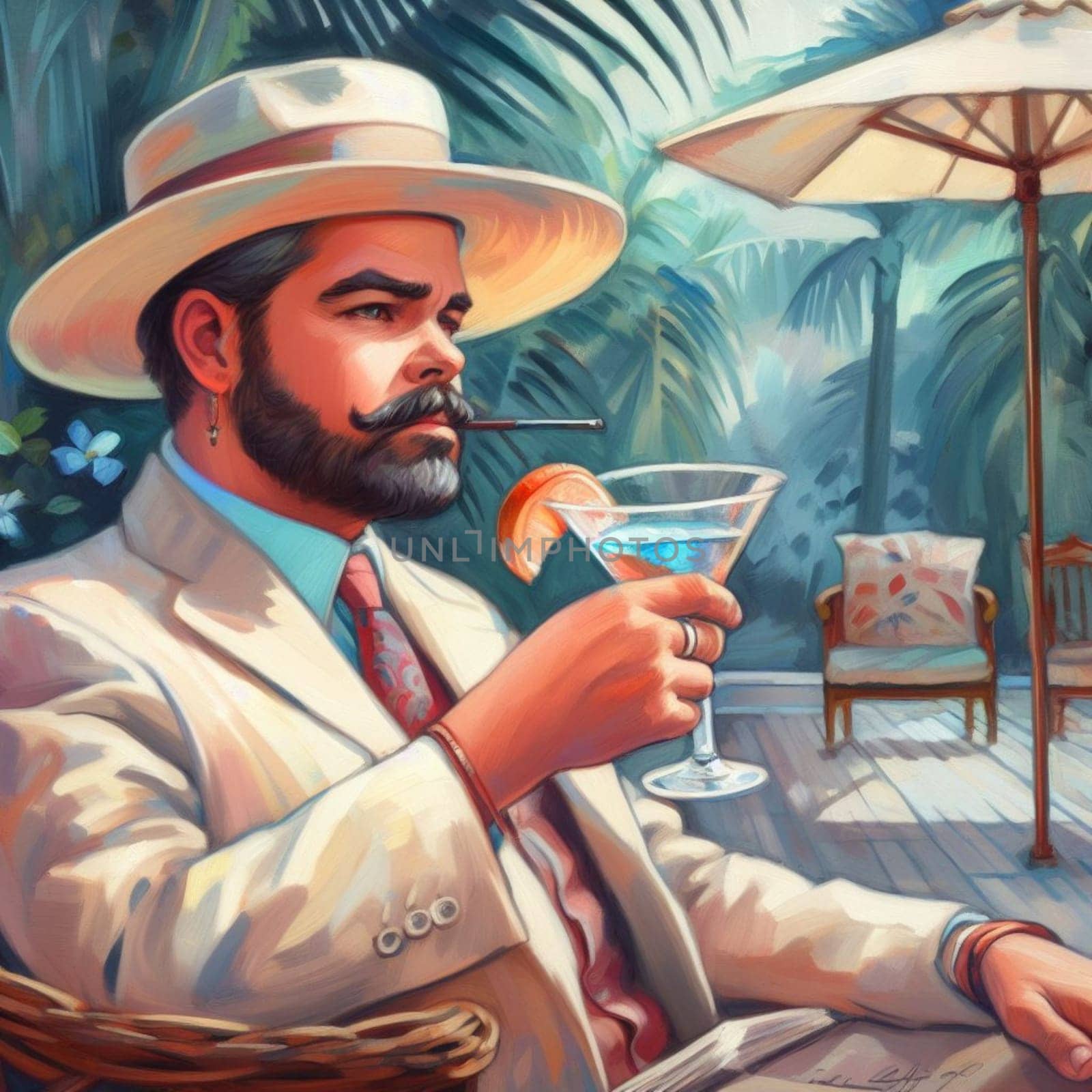 portrait of famous writer spy illustration drinking his cocktail in key west, florida by verbano