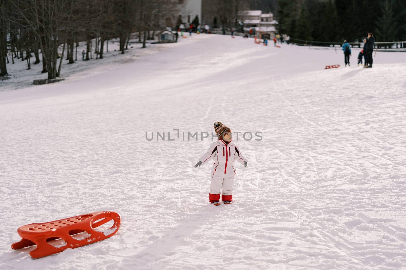 Small child stands in the snow near the sled and looks away. High quality photo