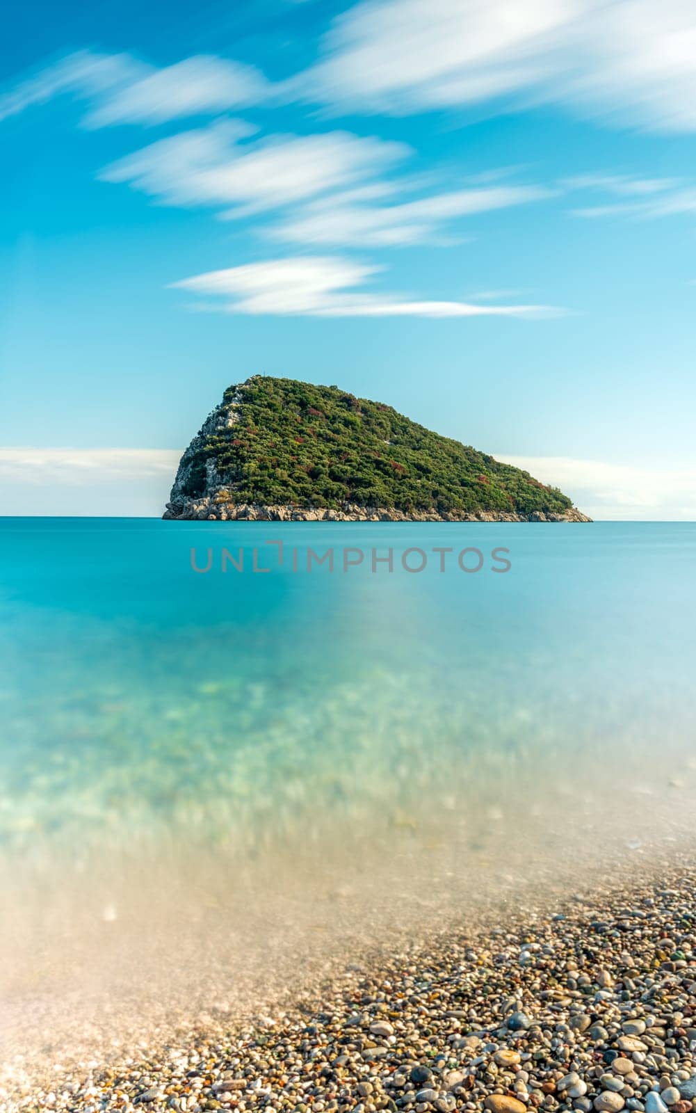 Long exposure photo of Antalya Sican Island with the beach