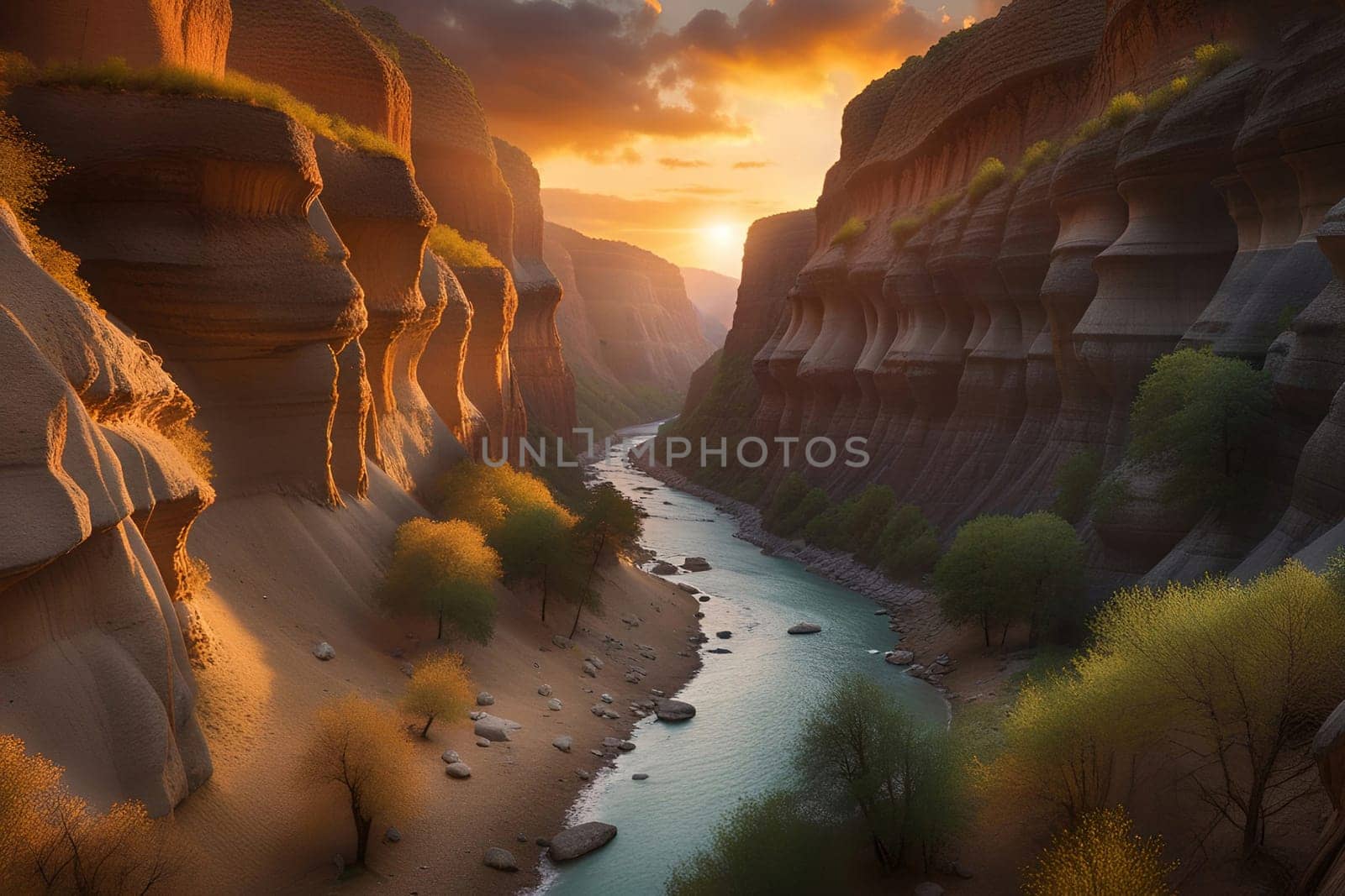 Beautiful view of the river in the mountains at sunset. Fantastic landscape.Sunset in the valley .Landscape with a mountain river in the gorge of the canyon.