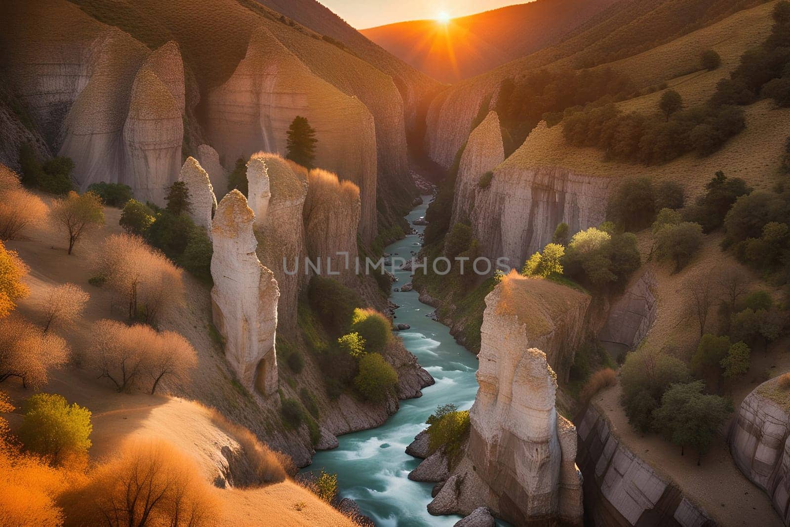 Beautiful view of the river in the mountains at sunset. Fantastic landscape.Sunset in the valley .Landscape with a mountain river in the gorge of the canyon.