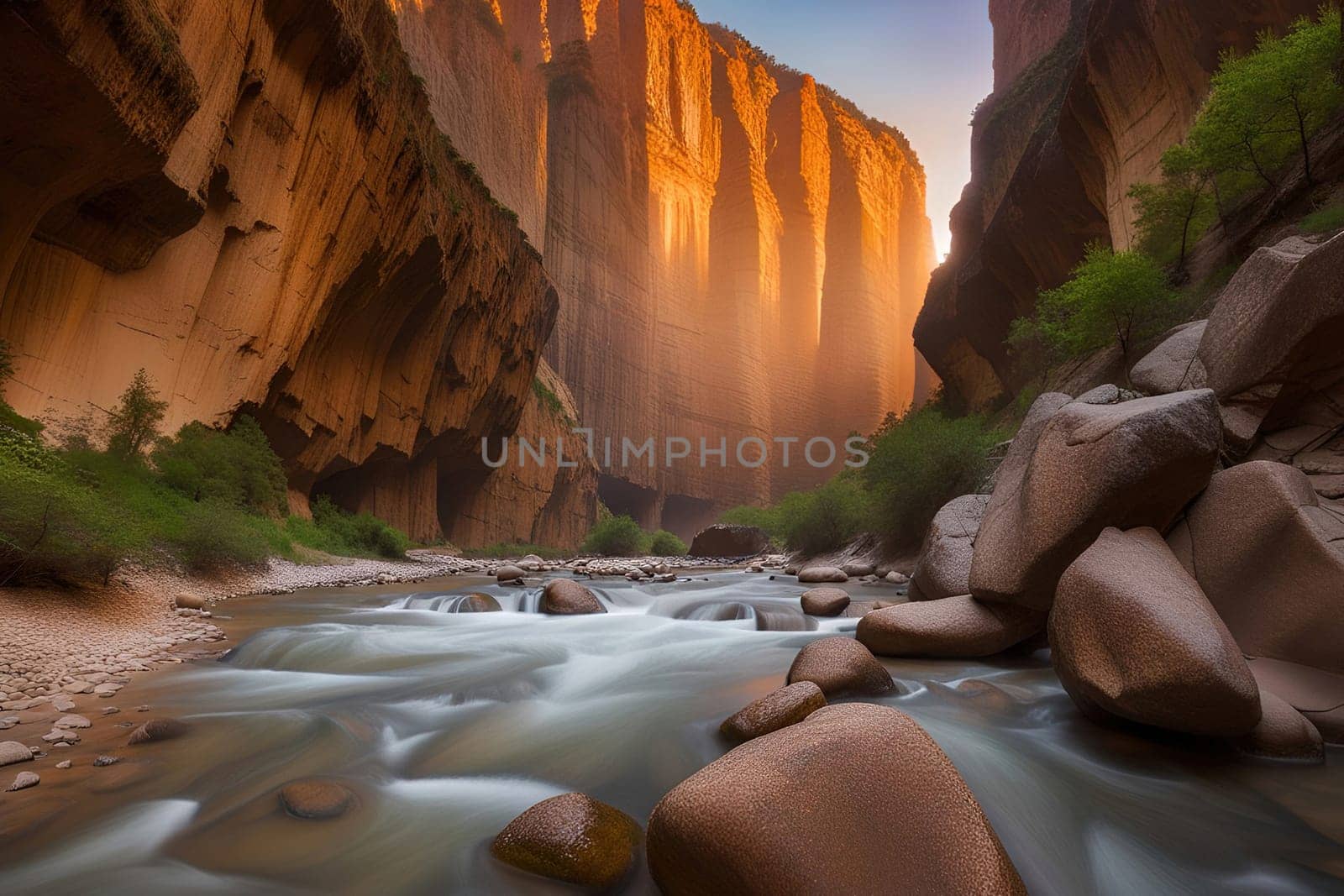 Beautiful view of the river in the mountains at sunset. Fantastic landscape.Sunset in the valley .Landscape with a mountain river in the gorge of the canyon.