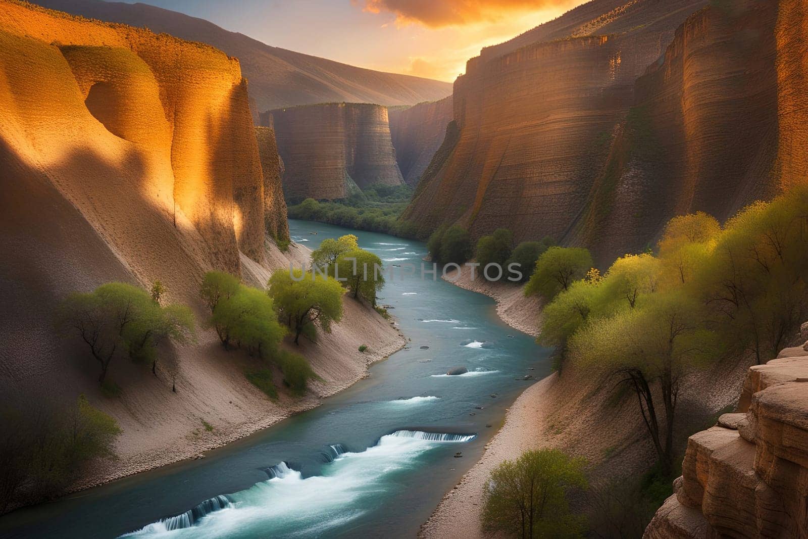 Beautiful view of the river in the mountains at sunset. Fantastic landscape.Sunset in the valley .Landscape with a mountain river in the gorge of the canyon.