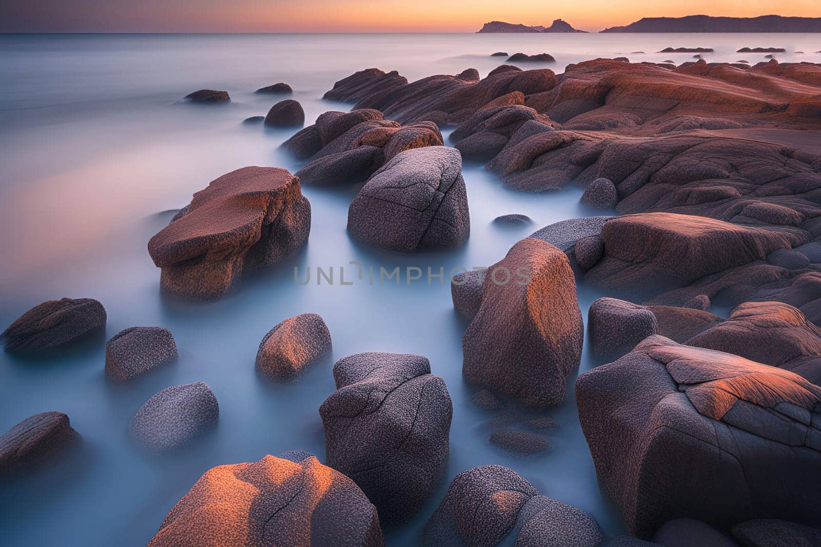 Beautiful seascape with long exposure of rocks and sea at sunset. by yilmazsavaskandag