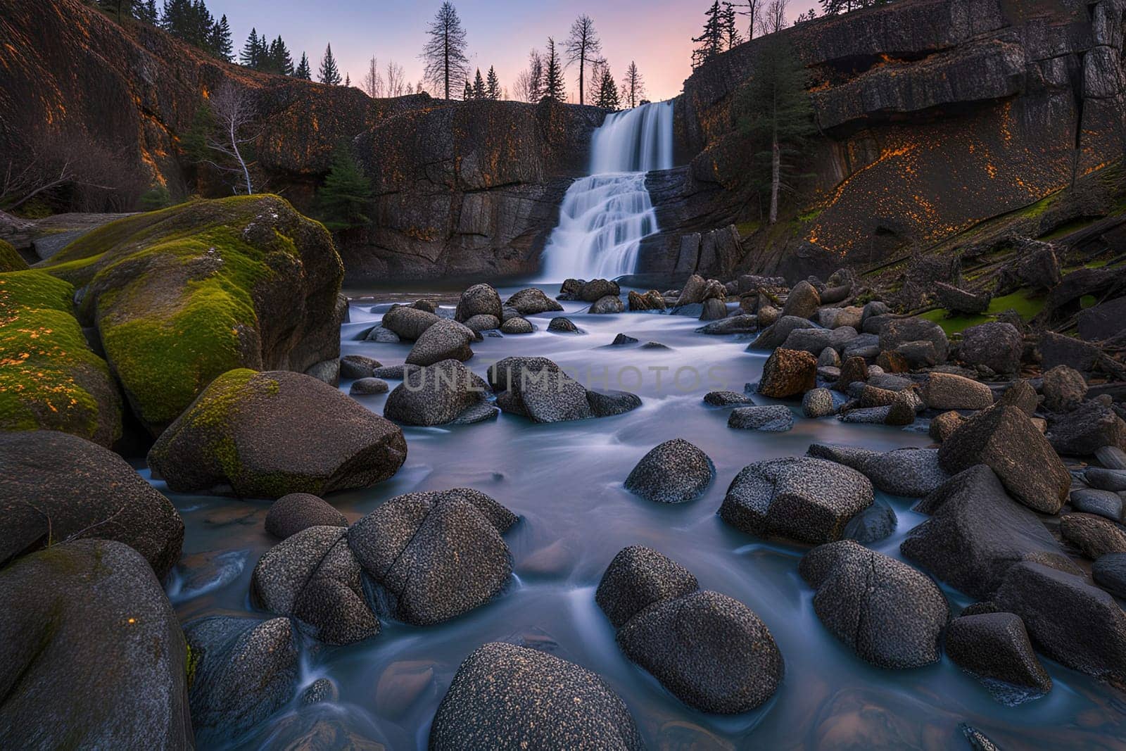 Long exposure of a waterfall in the forest at sunrise. Long exposure photography