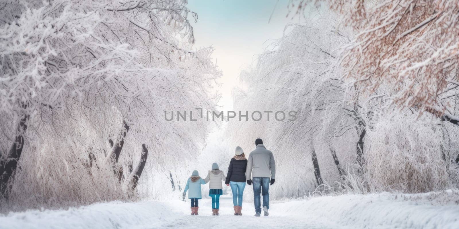 Happy family Father, mother and children are having fun and playing on snowy winter walk in nature. comeliness