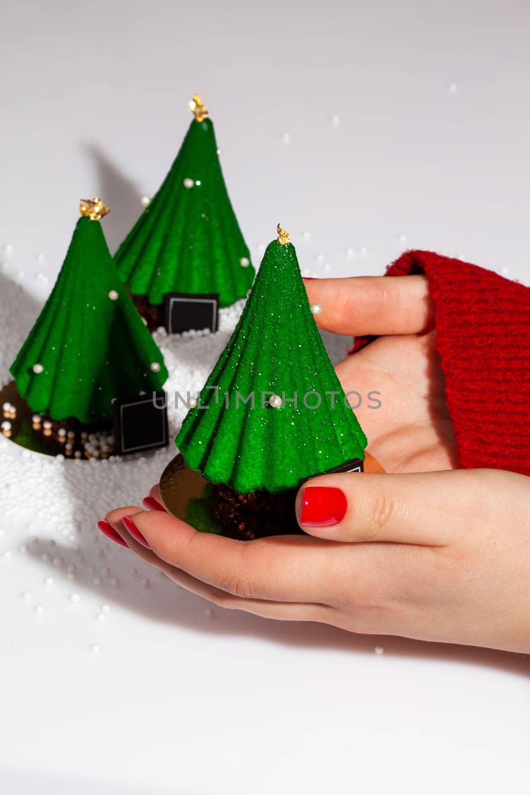 Female hands holding Christmas tree shaped dessert by nazarovsergey