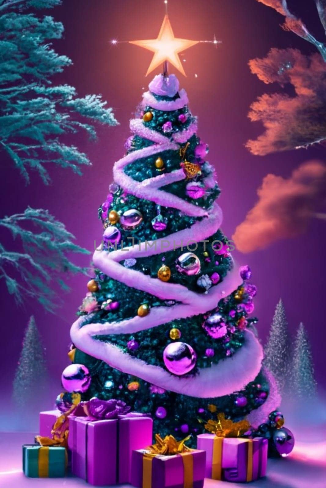 purple christmas tree with ornaments for religious celebration on violet gradient background by verbano