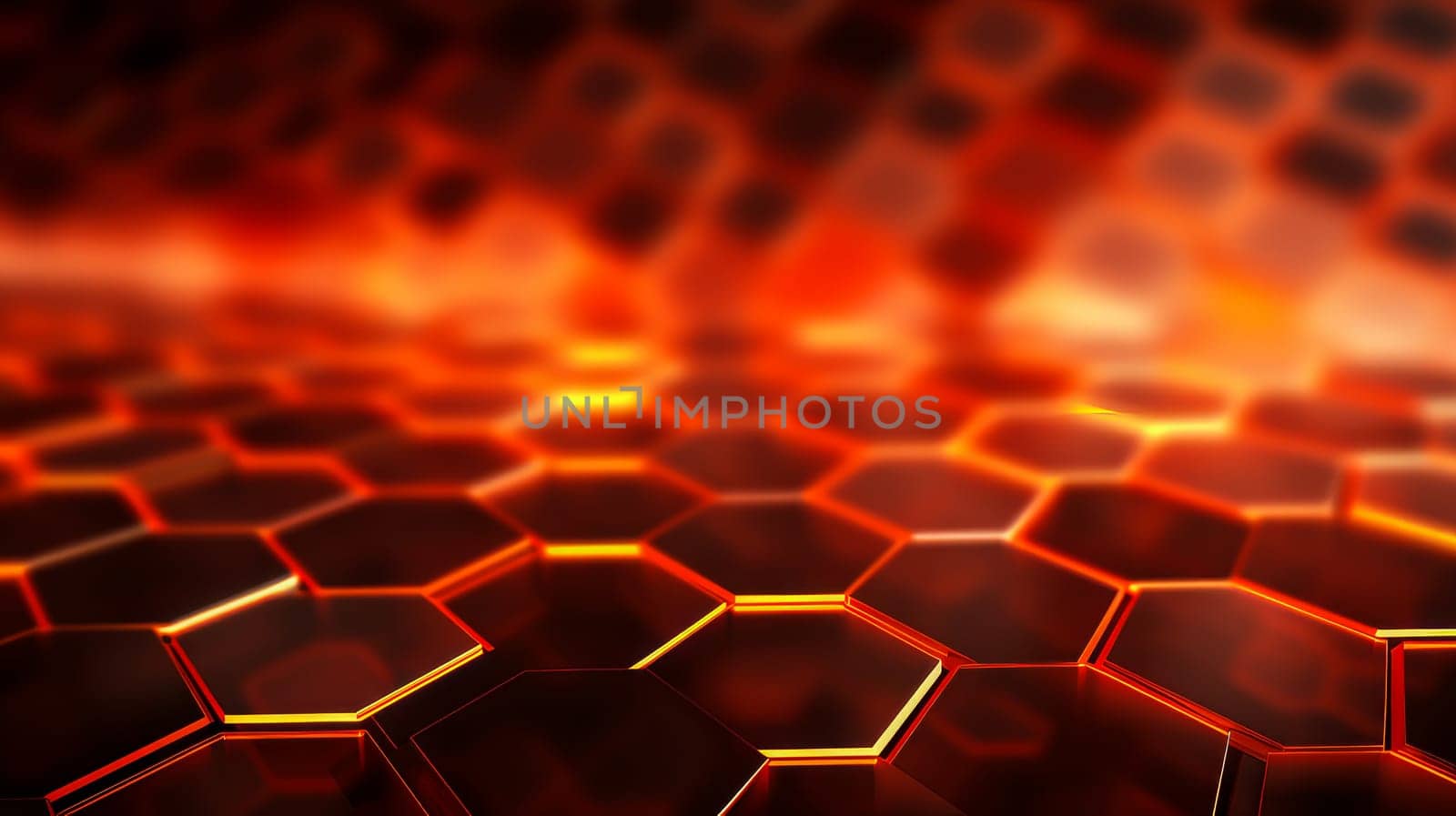 Abstract background with black glowing honeycomb hexagons and fiery orange backlight by Alla_Yurtayeva