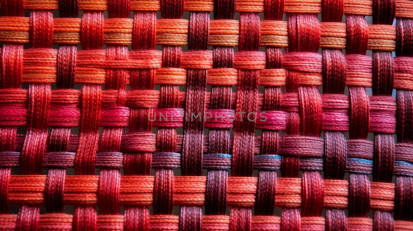 Beautiful background of red pink fabric close-up background texture linen twine braid cotton linen woven canvas jute burlap natural fiber bag linen fabric clothing, copy space by Alla_Yurtayeva