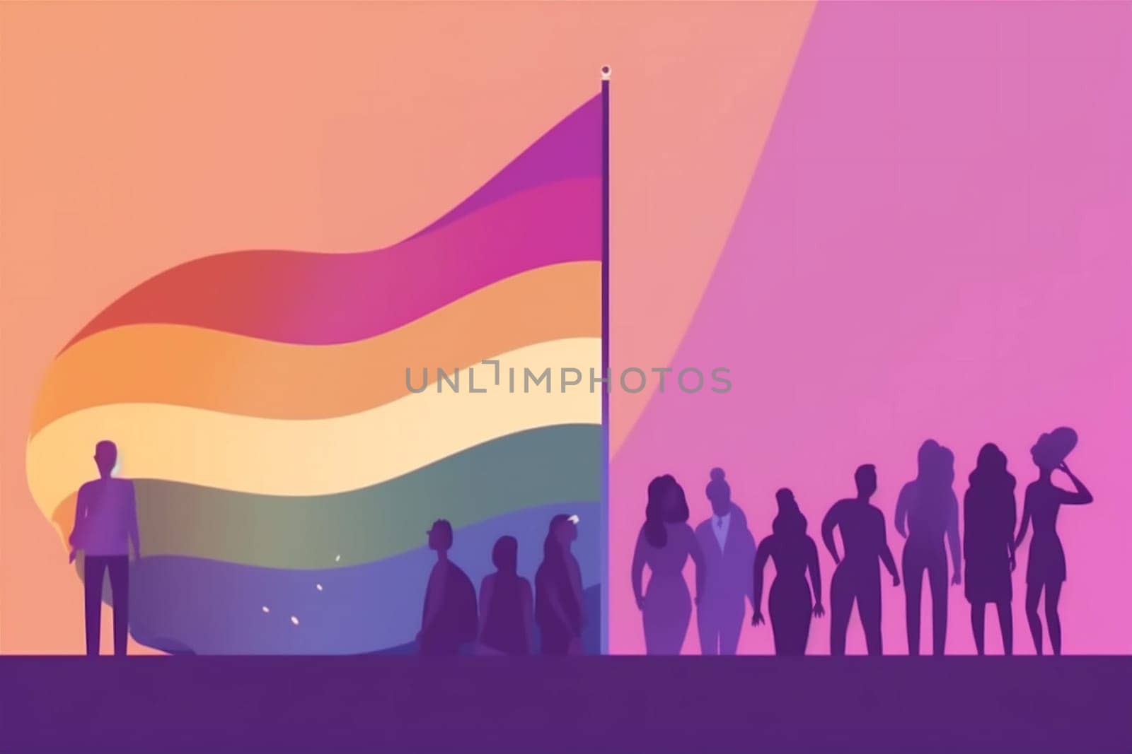 celebration parade homosexual community flag pride rainbow concept group freedom. Generative AI. by Vichizh