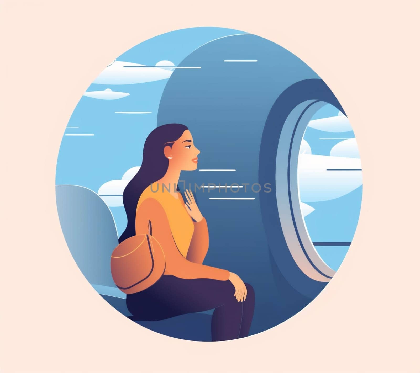 journey woman plane girl transportation flight trip window seat passenger character. Generative AI. by Vichizh