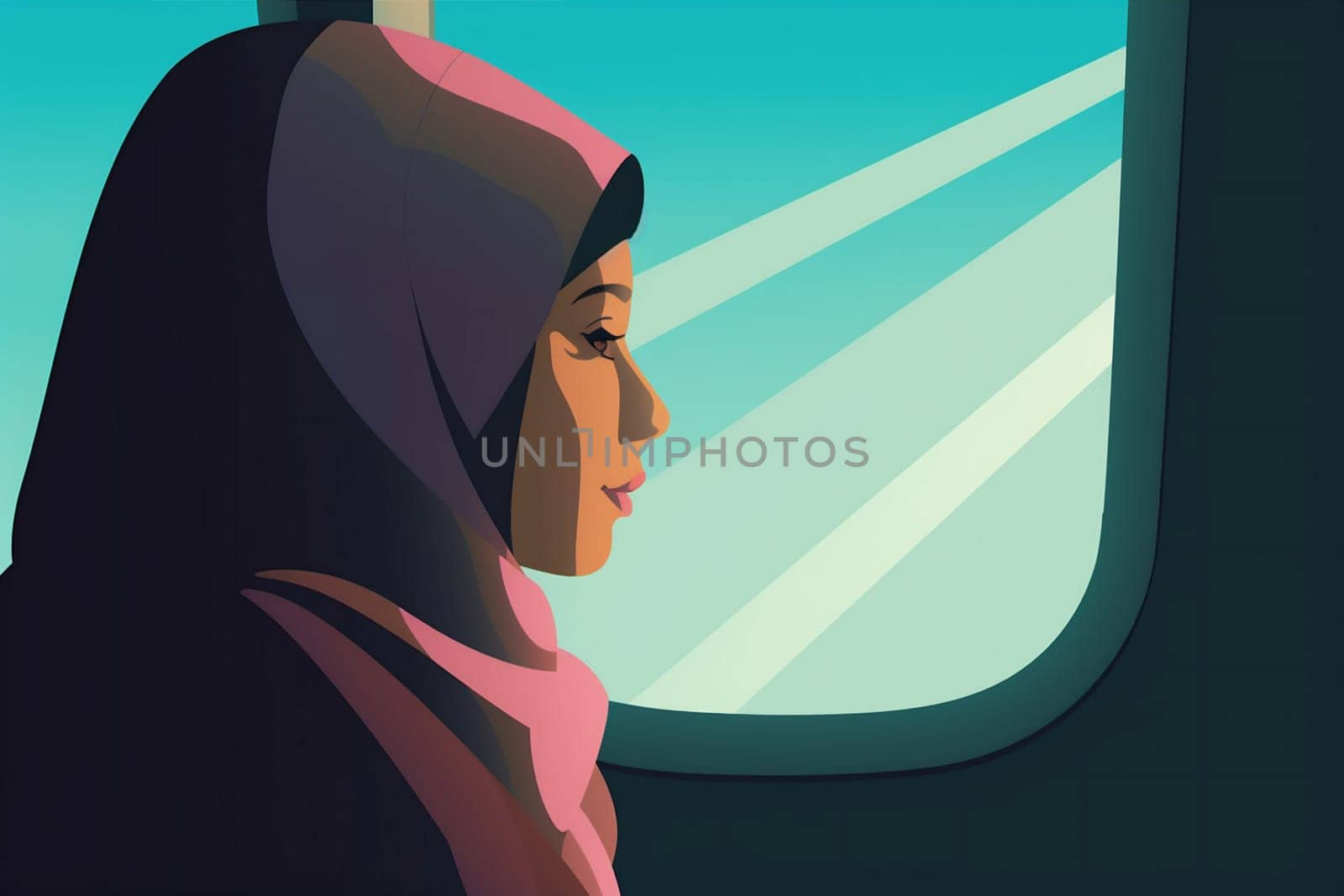 woman chair journey tourist air plane window transportation passenger flight character holiday cartoon comfort airplane fly muslim inside seat train trip. Generative AI.