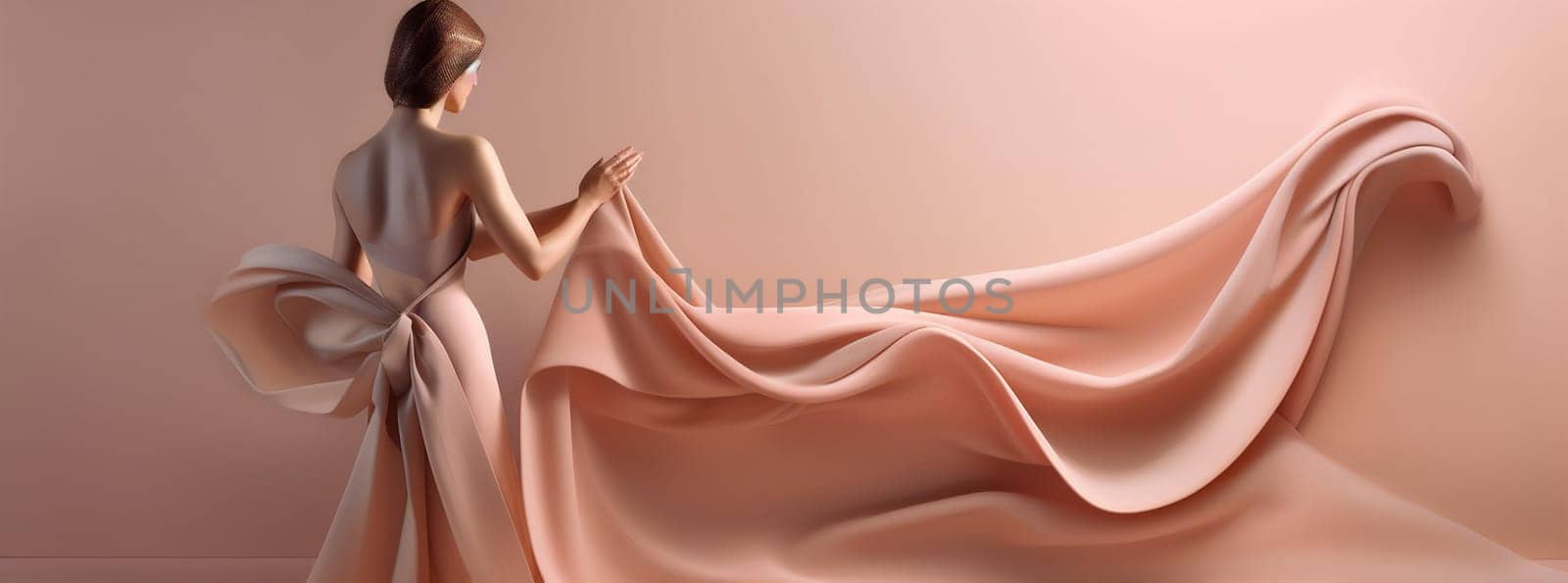 dress woman background fashion hair flying flowing beauty wind beige fabric chiffon. Generative AI. by Vichizh