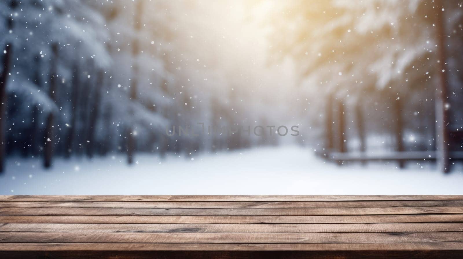 Empty table in beautiful winter landscape, wood plank board in snow mountain outdoor comeliness