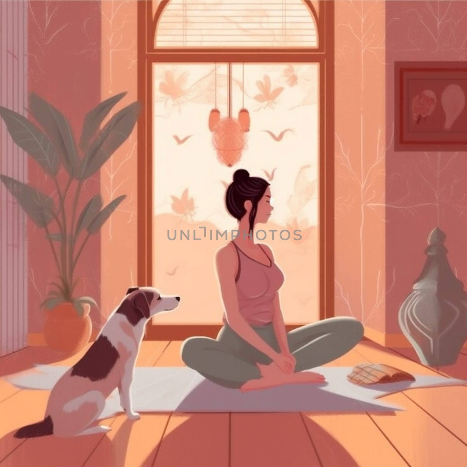dog body woman fitness home yoga sport stretching lifestyle cartoon training. Generative AI. by Vichizh