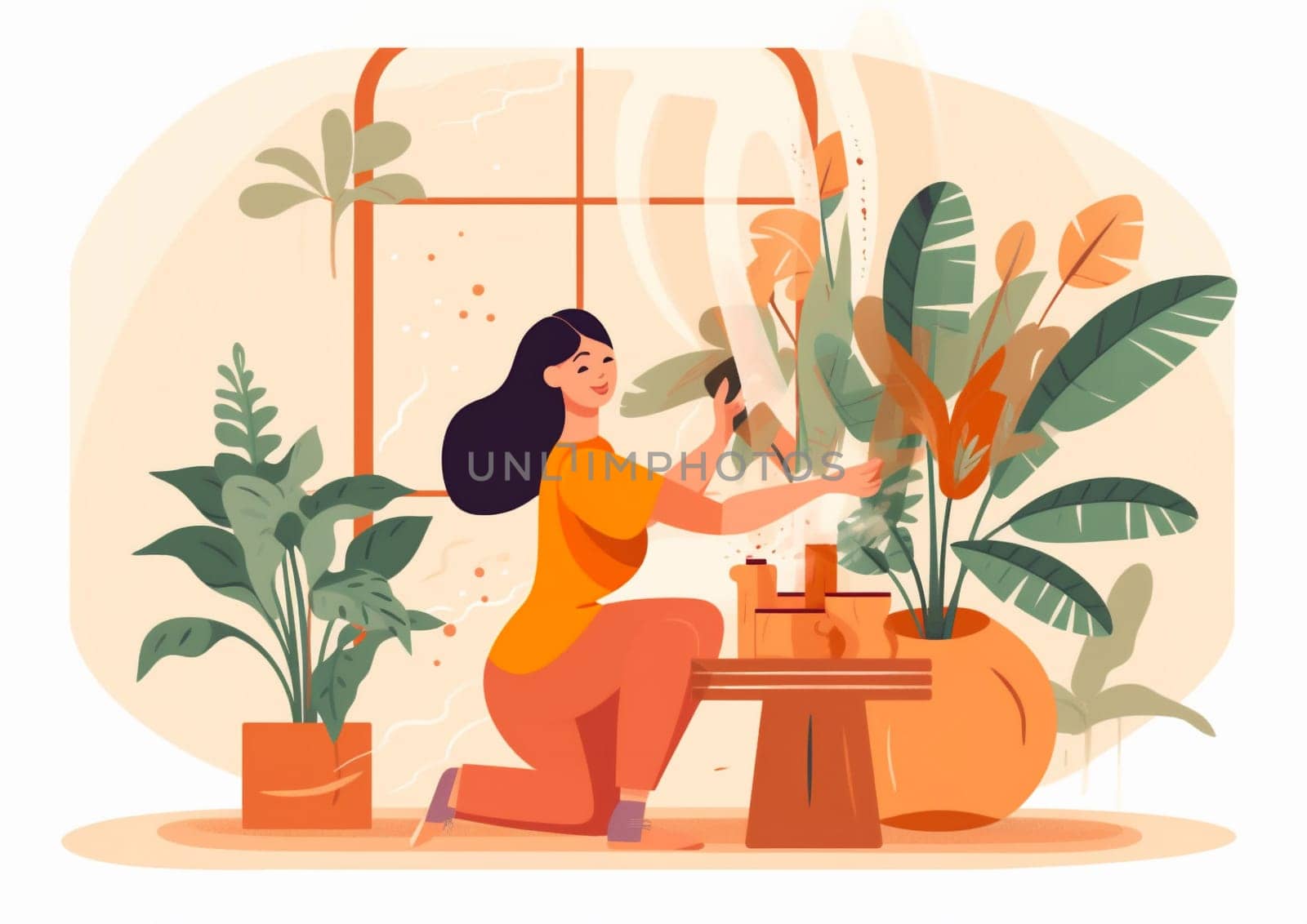 woman entrepreneur botanist hobby gardener pot houseplant florist indoor flower housework. Generative AI. by Vichizh