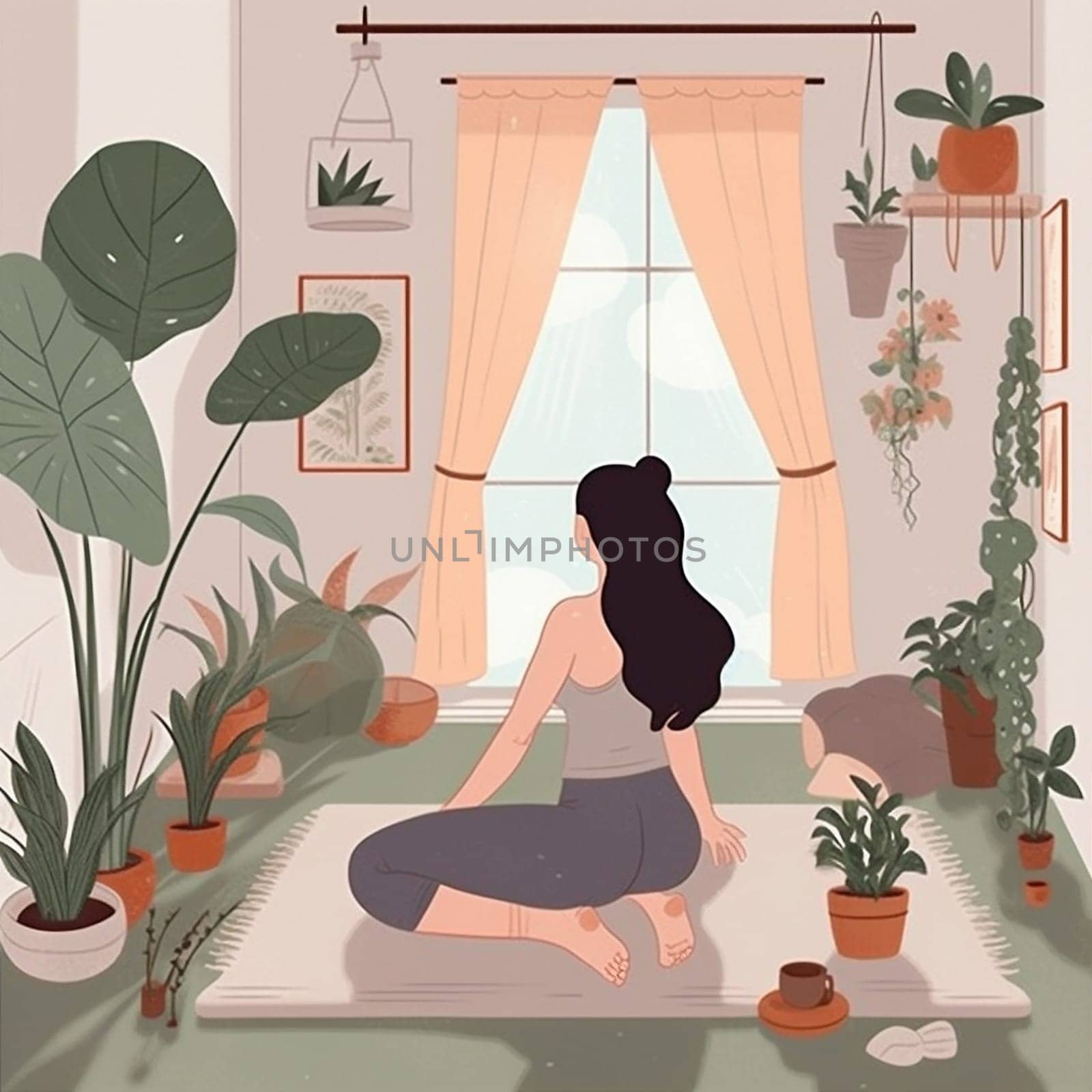 dog woman home fitness lifestyle young yoga body cartoon training sport. Generative AI. by Vichizh