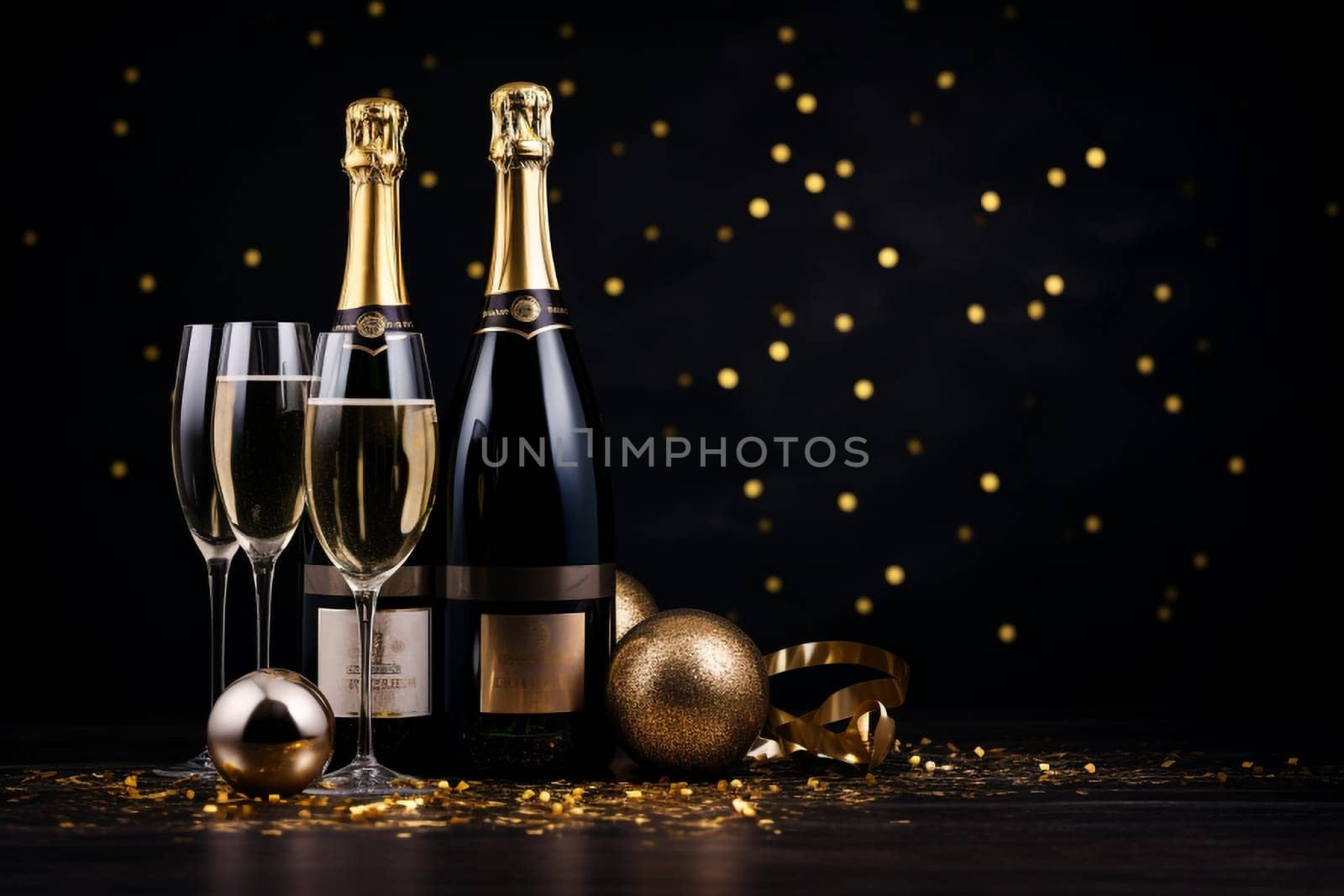 Premium Christmas Party Theme with Champagne Bottle, Wine Glasses, Golden Confetti, and Decorative Balls on a Stylish Dark Background. Lavish Flat Lay Arrangement with copy space.