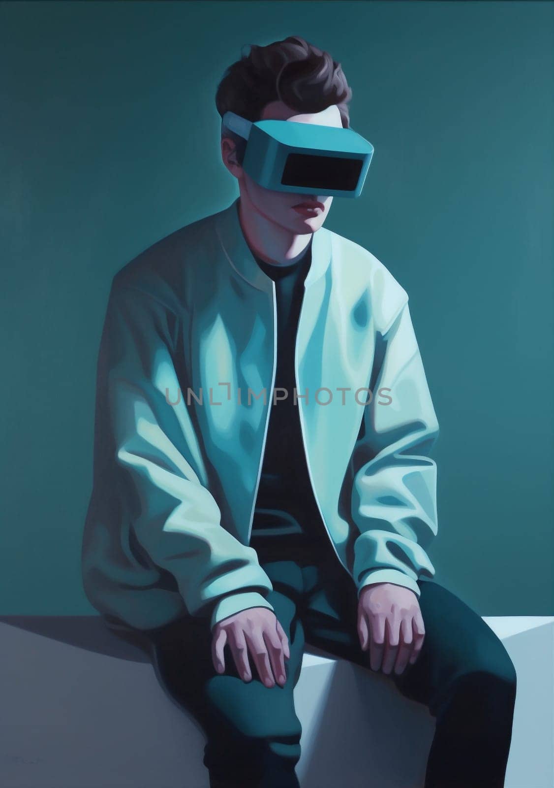man neon modern gamer digital person helmet smart vr gadget tech technology goggles cyber glasses ai concept science entertainment futuristic headset. Generative AI.